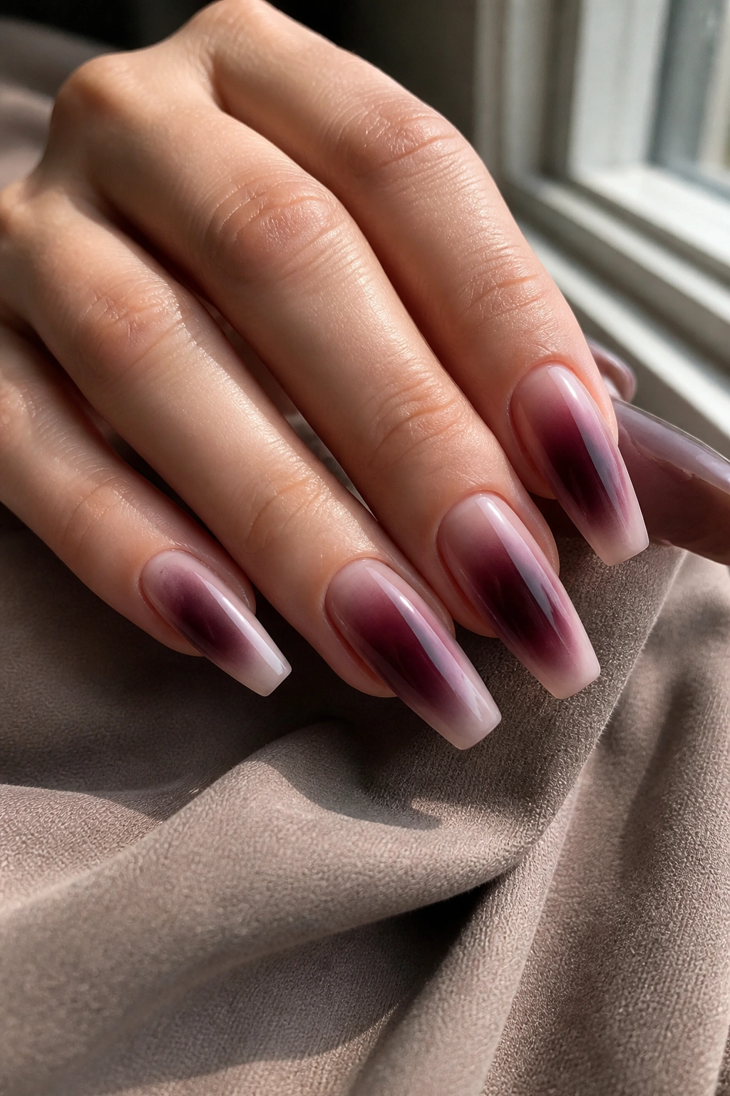 Close-up of plum-burgundy aura coffin nails with center bloom