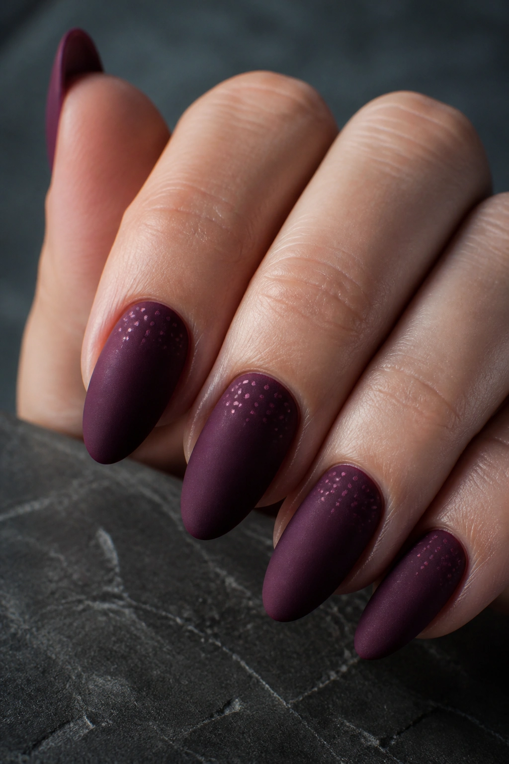 Close-up of a hand with plum velvet almond nails featuring tiny micro-dots