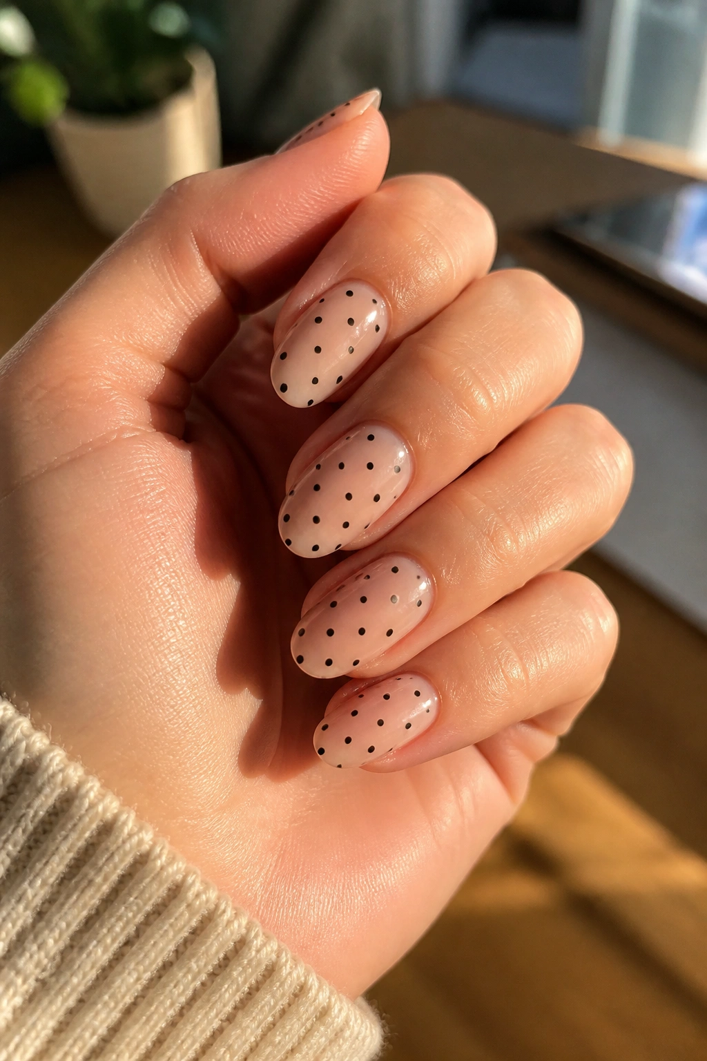 Close-up of a real hand with short almond nails featuring polka dots on a nude base under natural light
