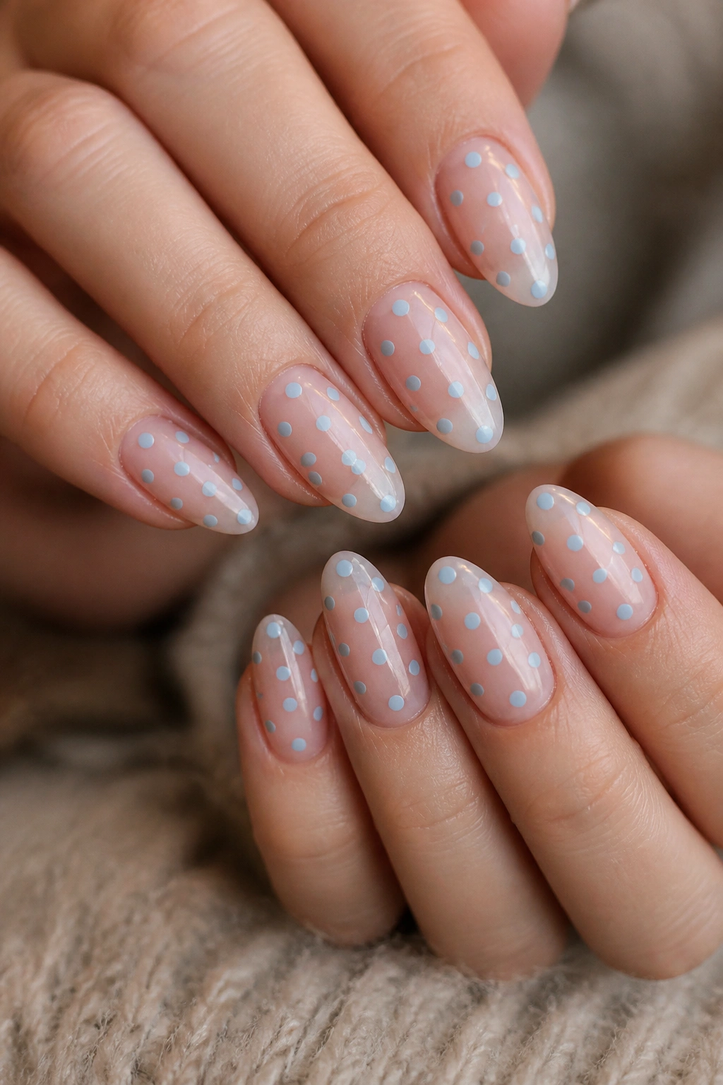 Almond nails with baby blue polka dots on clear base