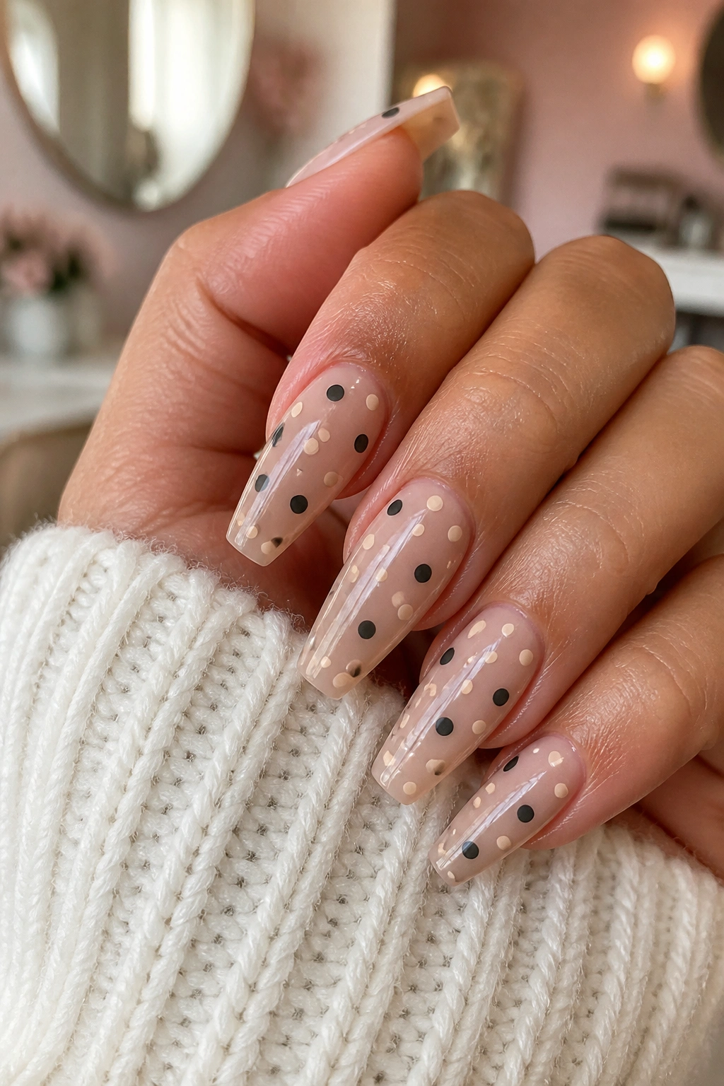 Close-up of a hand with coffin nails featuring two-size black polka dots on a neutral base in a salon setting
