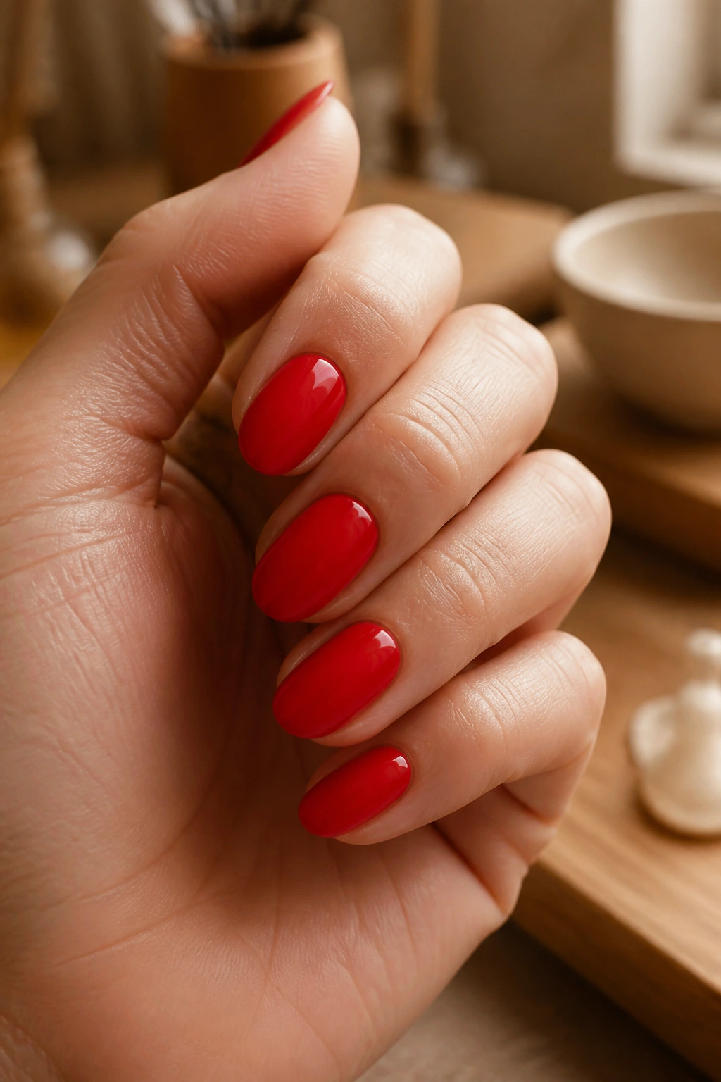 Close-up of short almond nails painted poppy red in a warm salon setting
