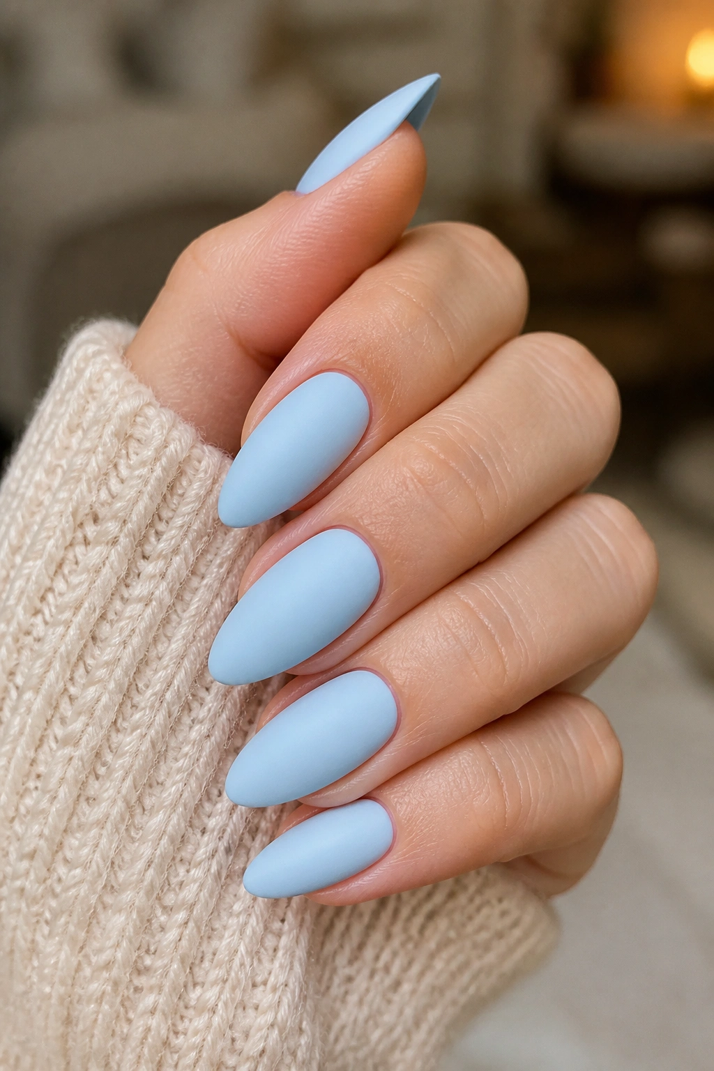 Close-up of almond nails in matte powder blue on a real hand