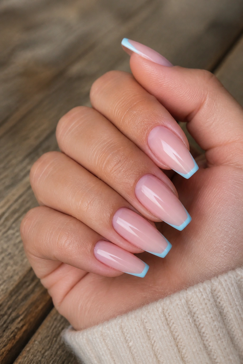Close-up of coffin nails with powder blue micro-French on real hand