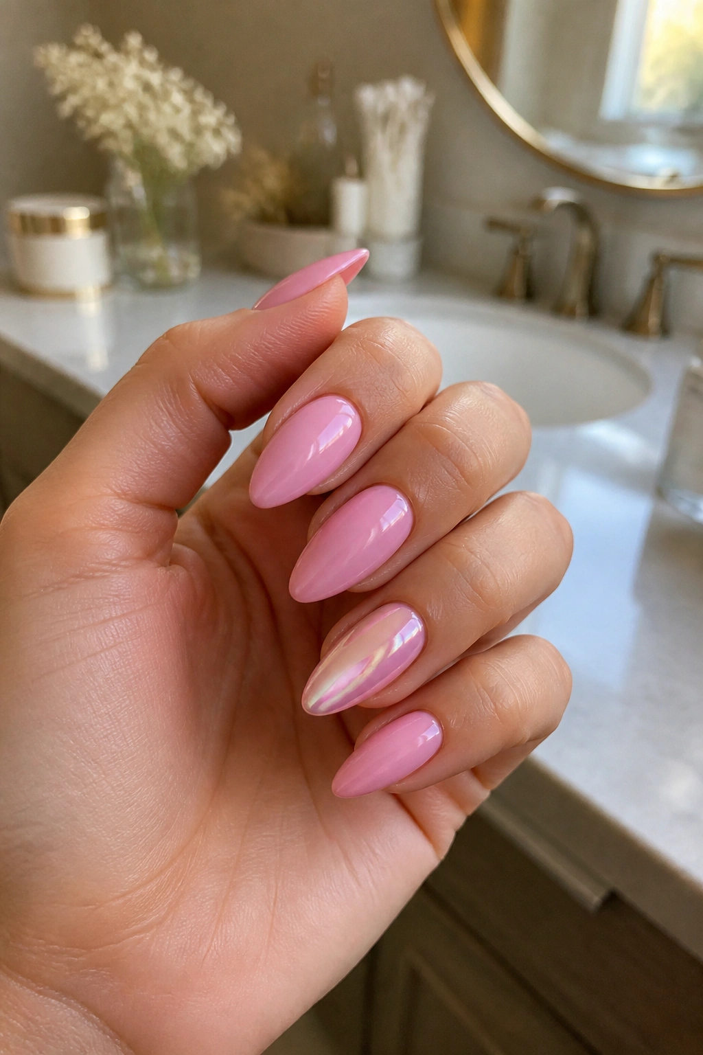 Close-up of a hand wearing pink almond press-on nails with chrome accent