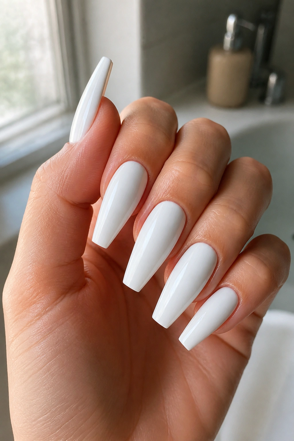 Close-up of hand with glossy white coffin-shaped press-on nails
