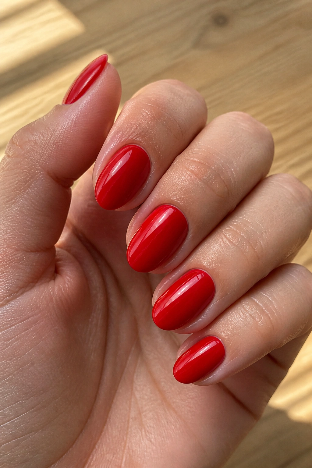 Close-up of short almond press-on nails painted red on a real hand