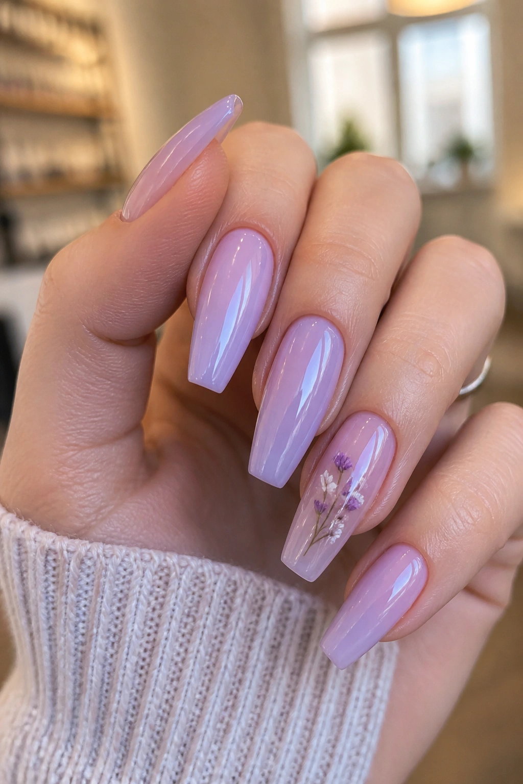 Close-up of accent nail with pressed flowers under gel on sheer lilac nail