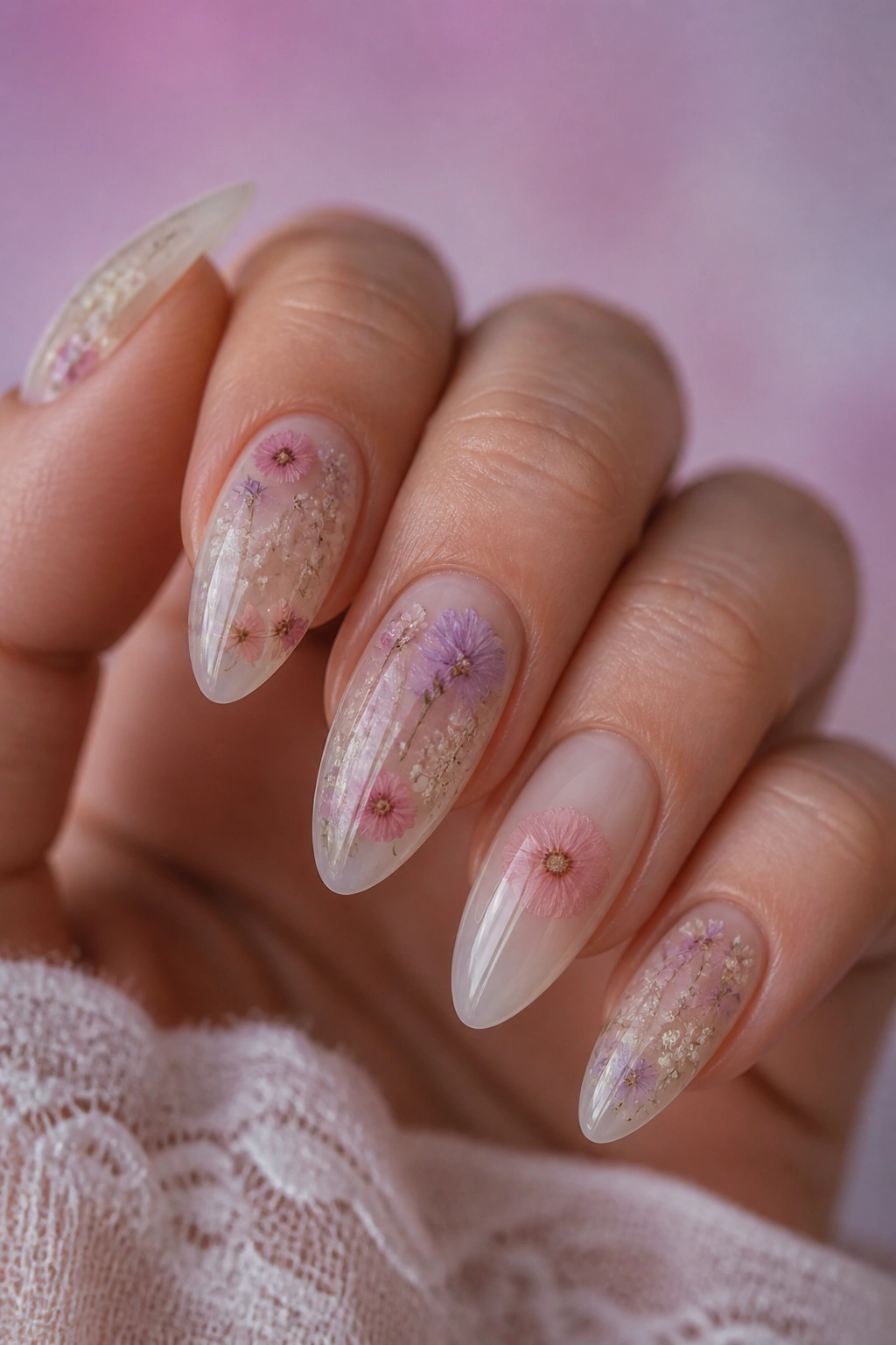 Almond nails with milky jelly base and pressed flowers inside