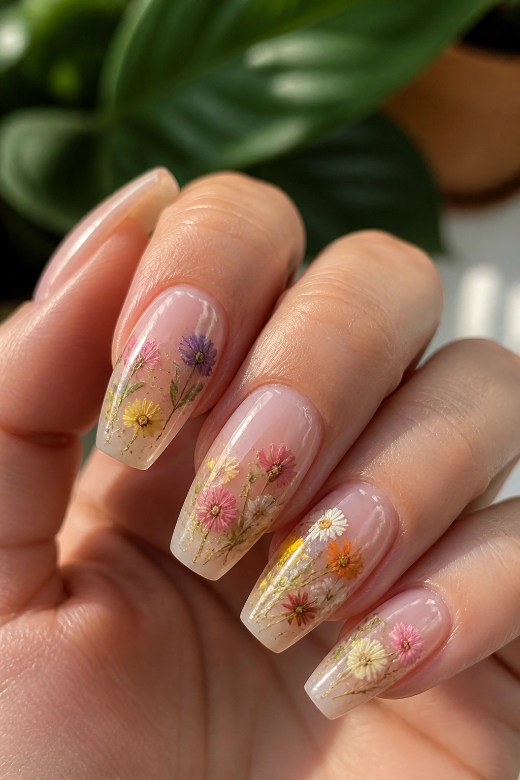 Close-up of pressed flower garden nails in clear gel