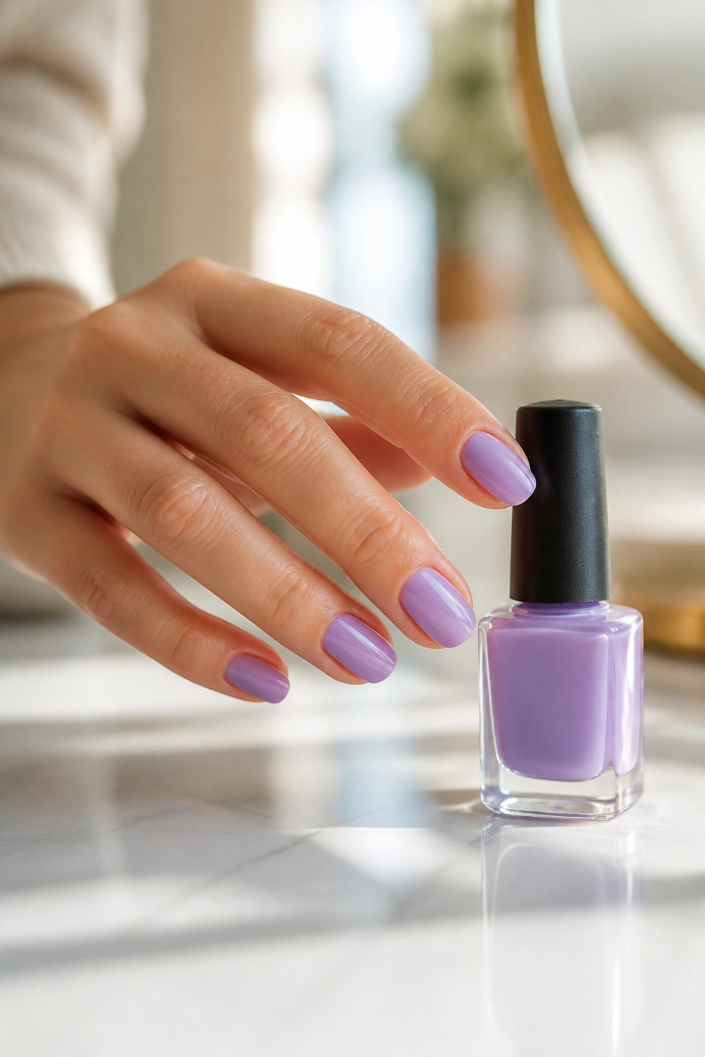 Close-up of a hand with short oval purple nails reaching for a purple nail polish bottle on a glossy vanity.