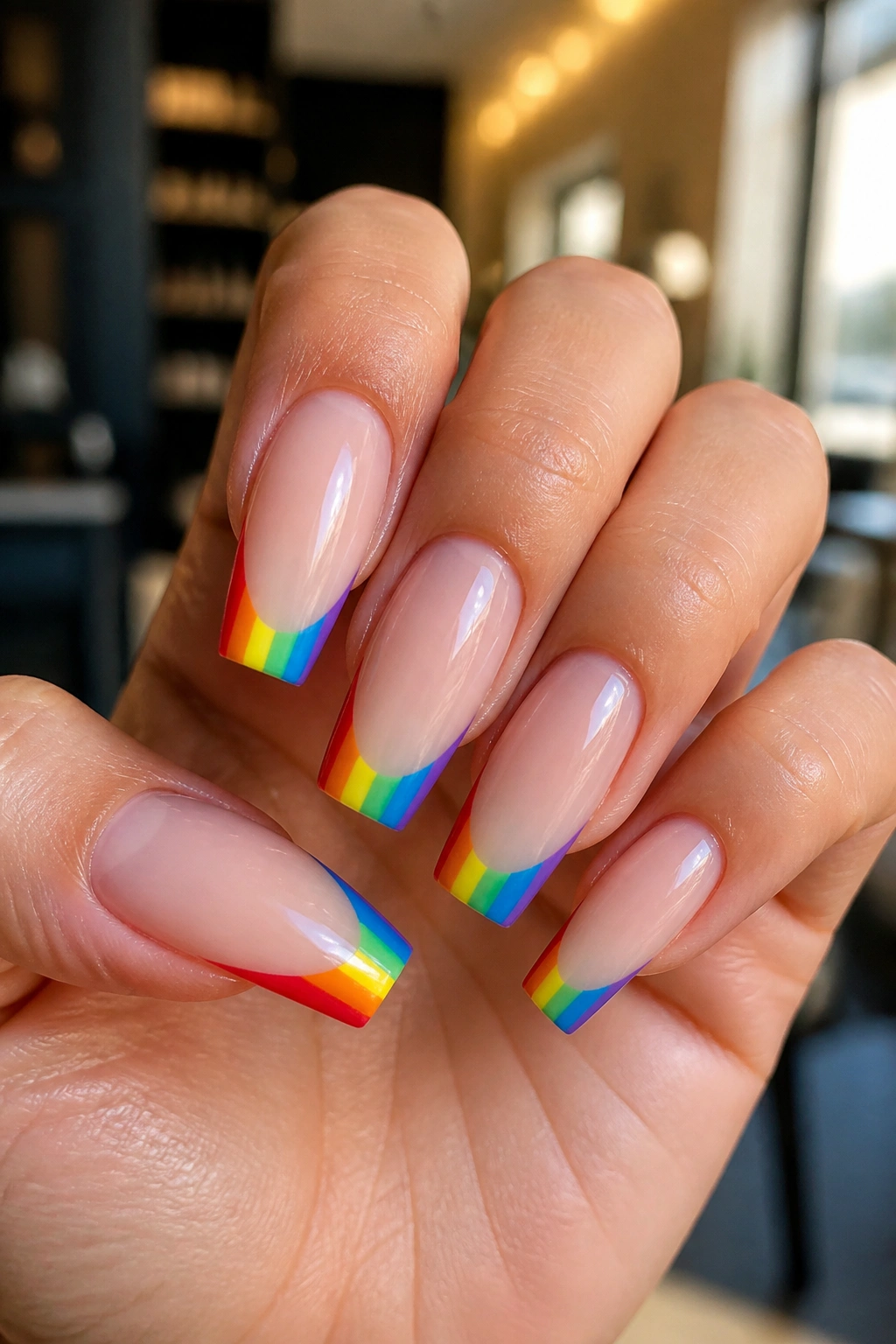 Close-up of a hand with coffin nails featuring rainbow French tips in a warm salon