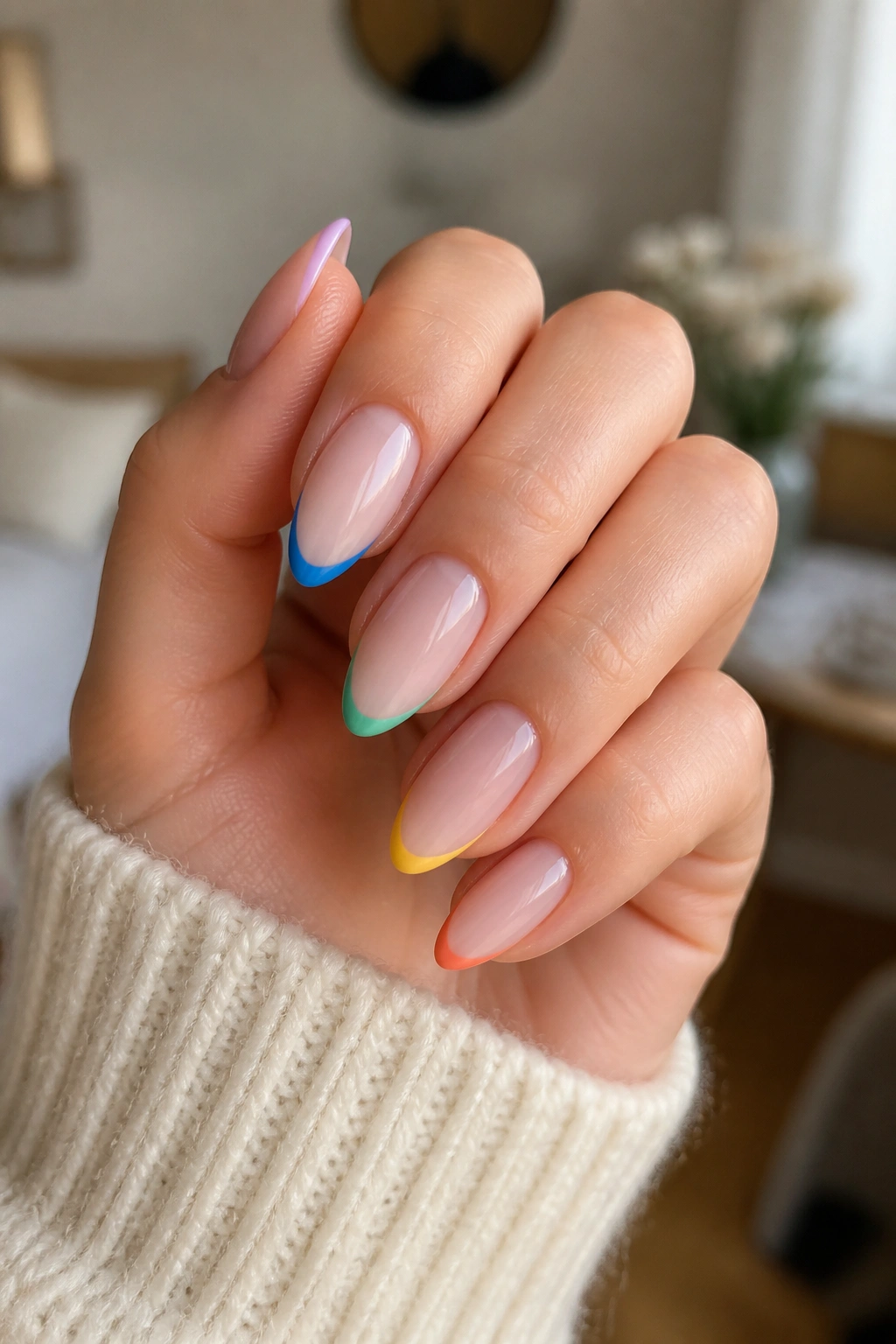 Almond nails with tiny rainbow micro tips on a real hand
