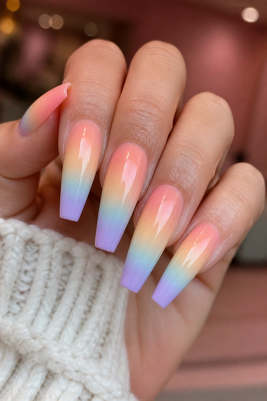 Coffin nails with soft rainbow sorbet ombré on a real hand