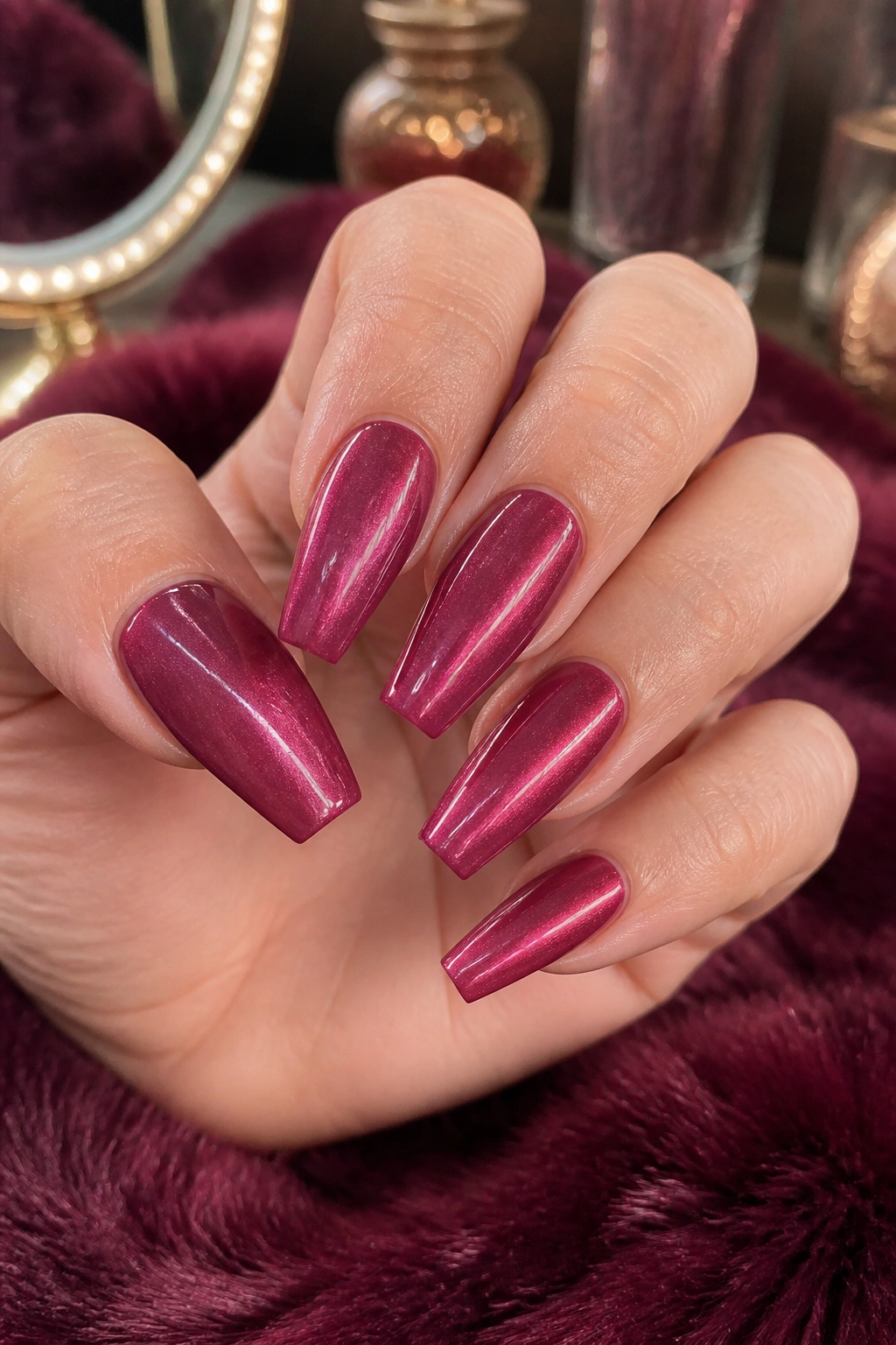Close-up of a real hand showcasing raspberry wine cat eye coffin nails with deep pink-red hue and shimmer