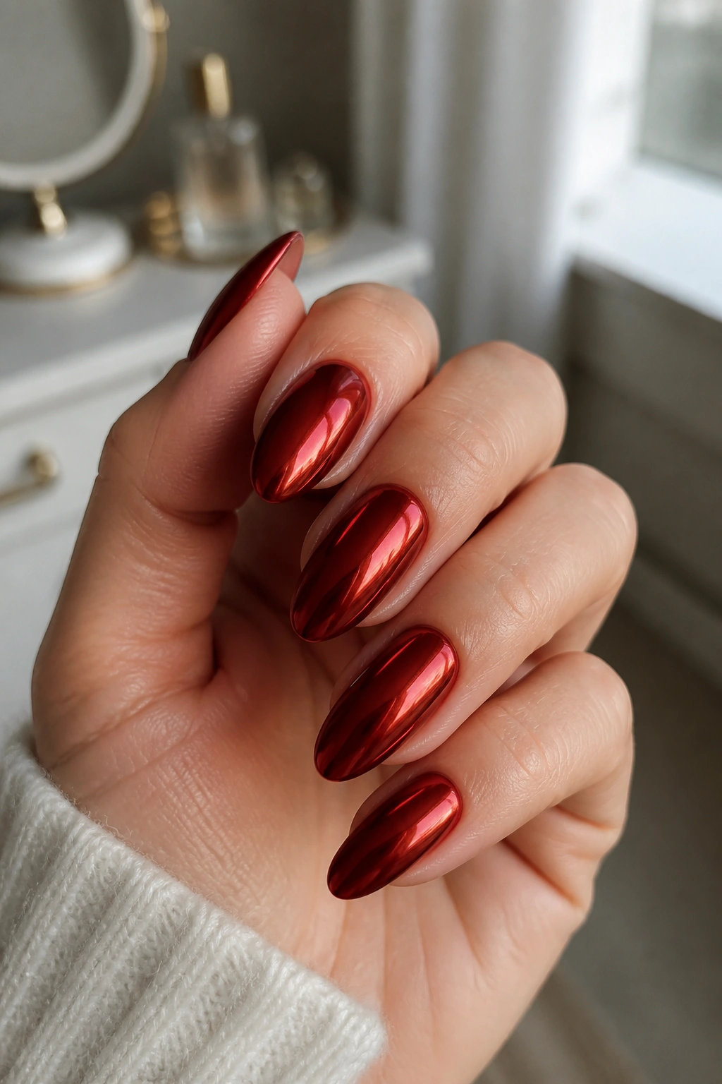Close-up of almond nails in deep red with chrome powder shine