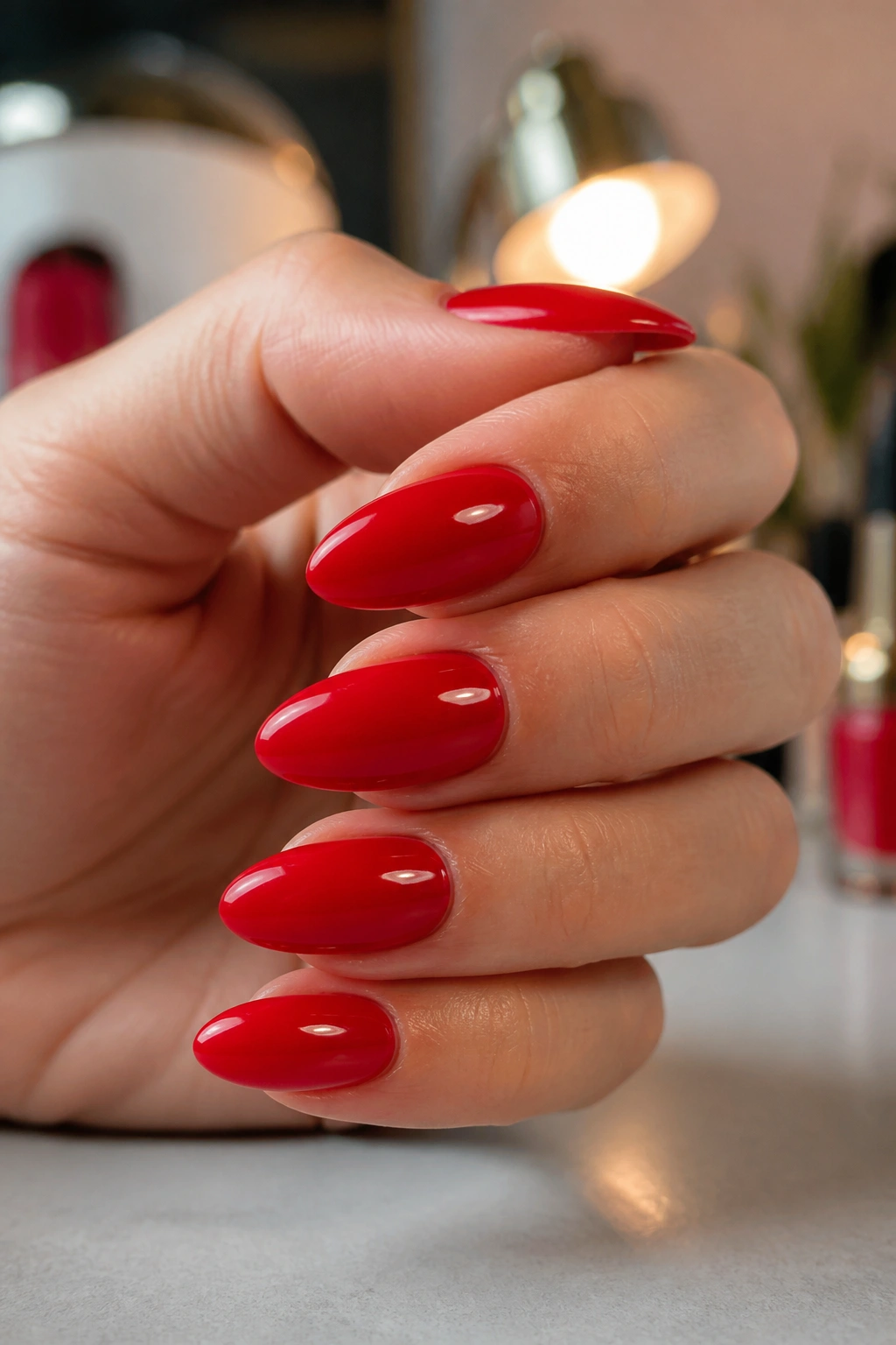 Close-up of a real hand showcasing almond-shaped red builder gel nails with a glossy finish