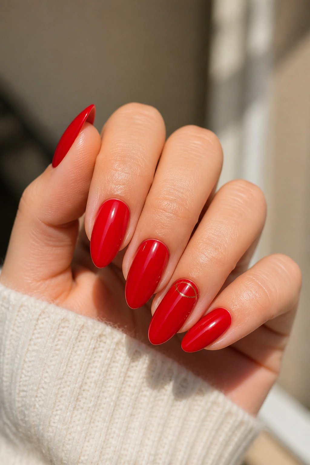Close-up of true red almond nails with a tiny gold accent on one nail