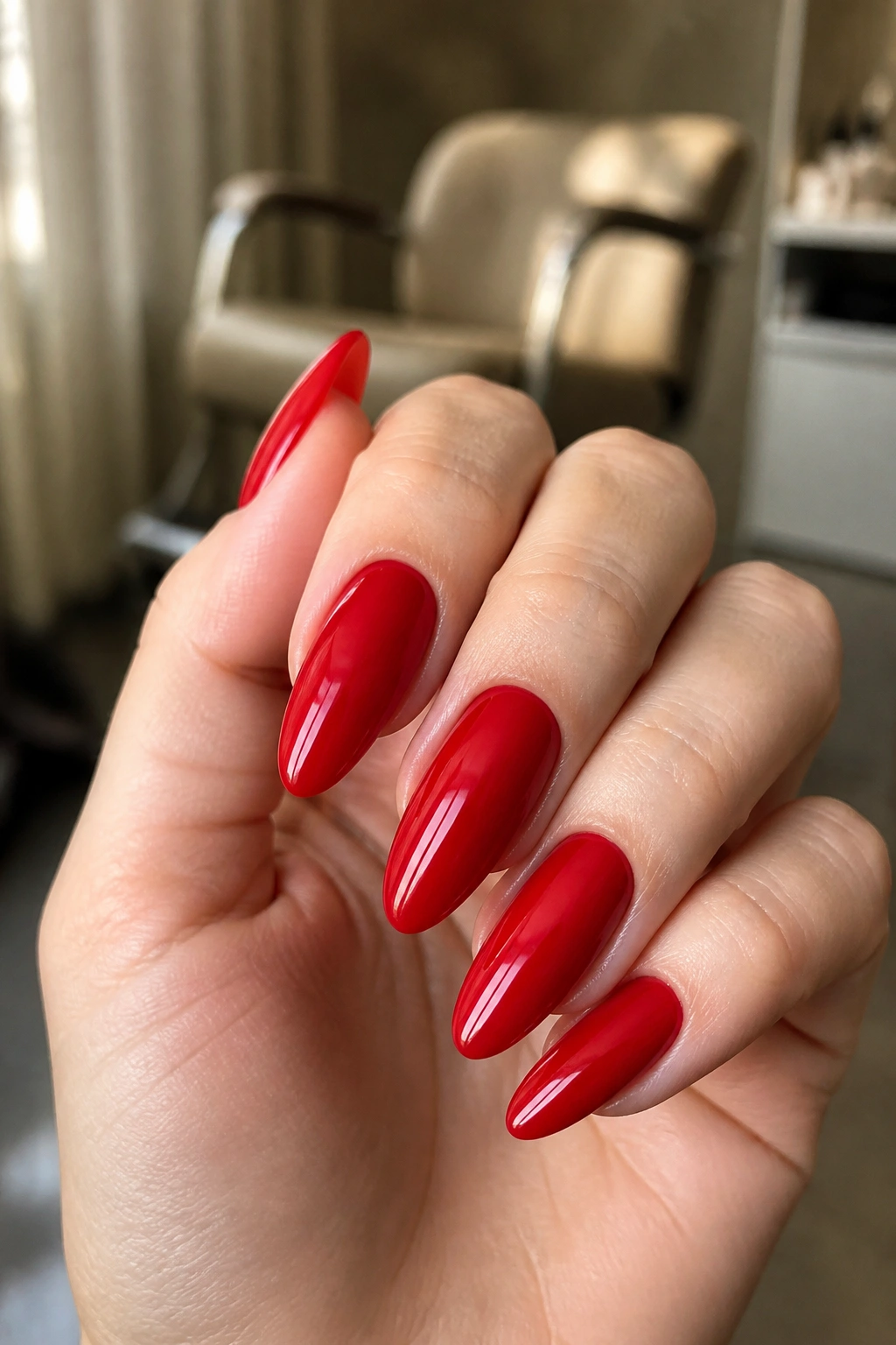 Close-up of glossy cherry red almond nails on a real hand