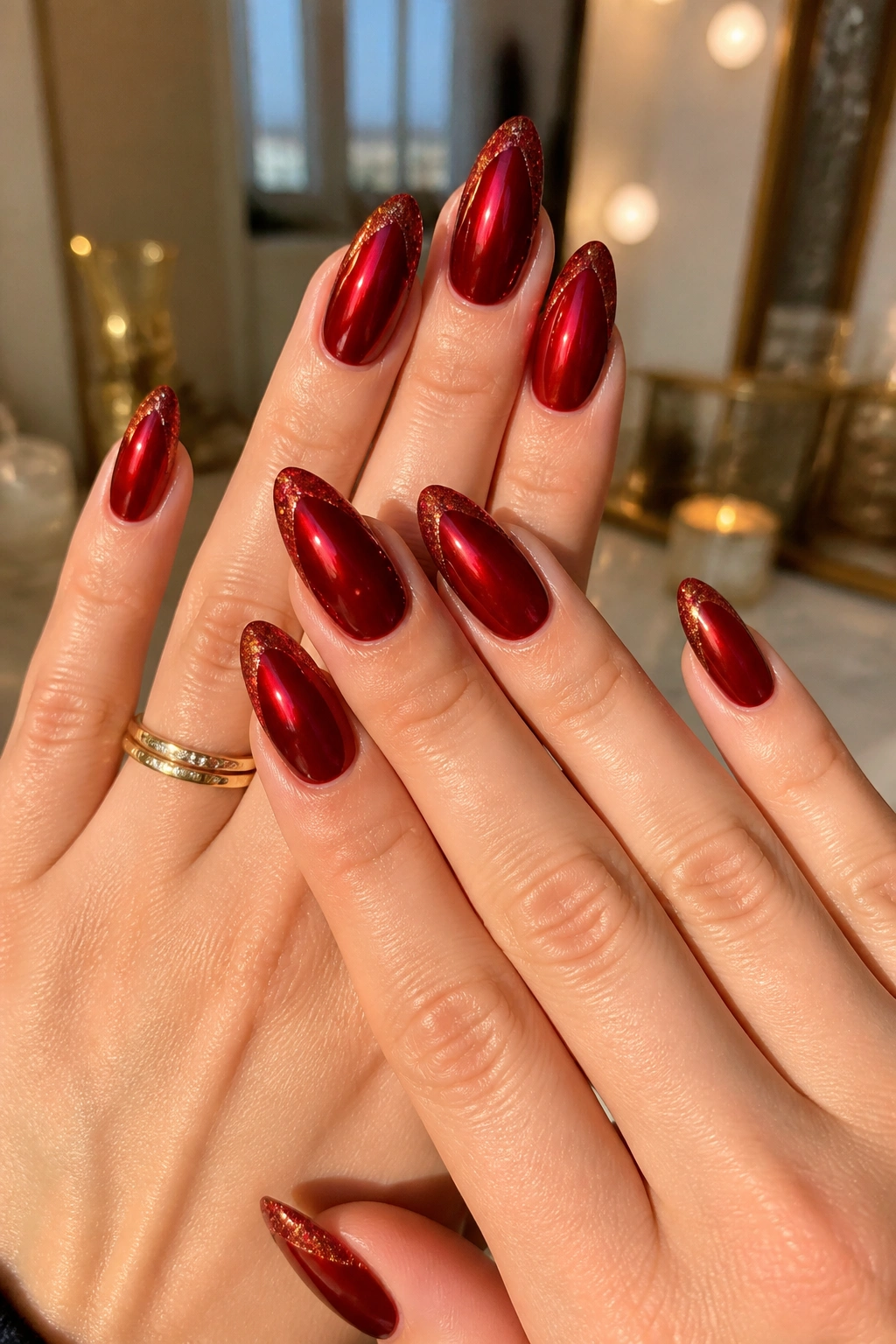 Close-up of long red almond nails with a micro glitter edge along the free edge