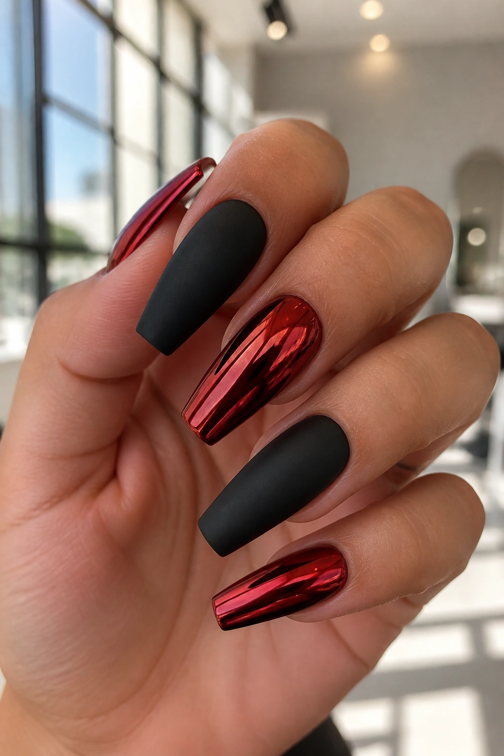 Close-up of nails alternating black matte and red chrome finishes