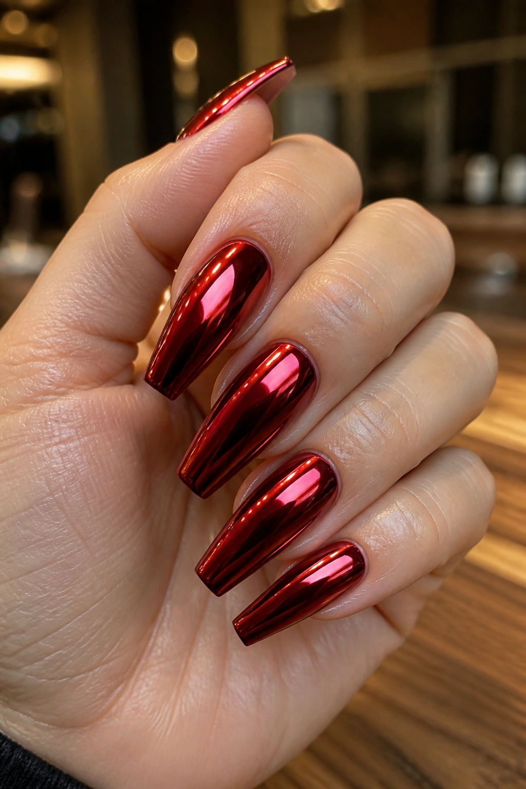 Coffin nails with red chrome mirror finish and high-gloss reflections