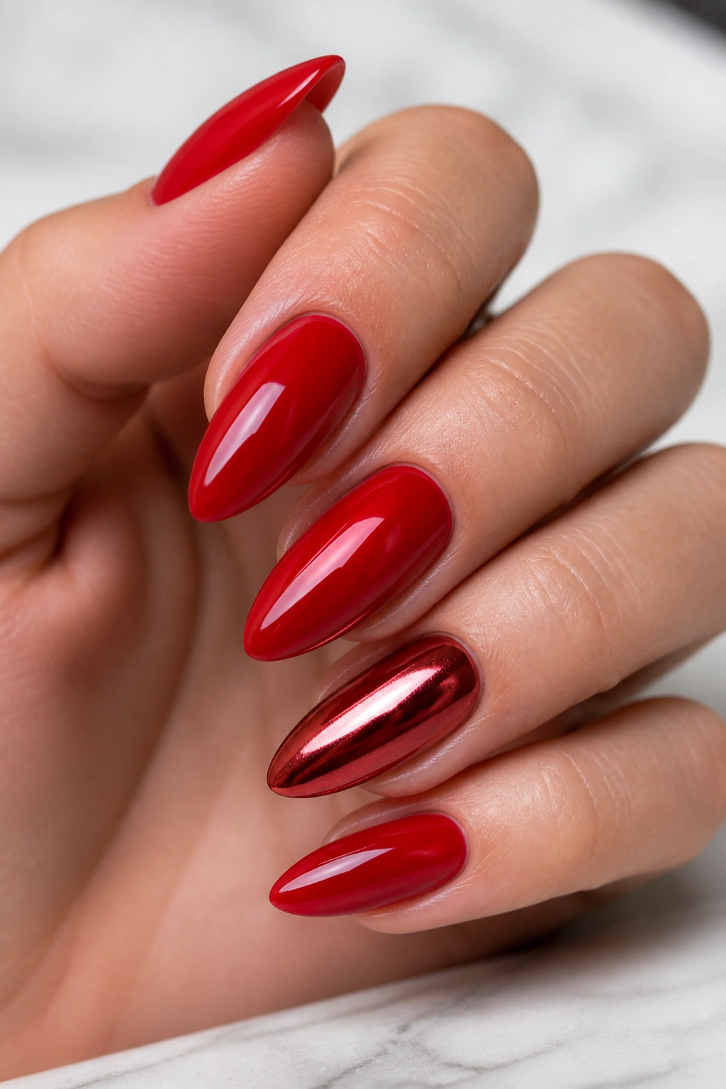 Close-up of real hand with almond nails, one chrome accent nail among red nails