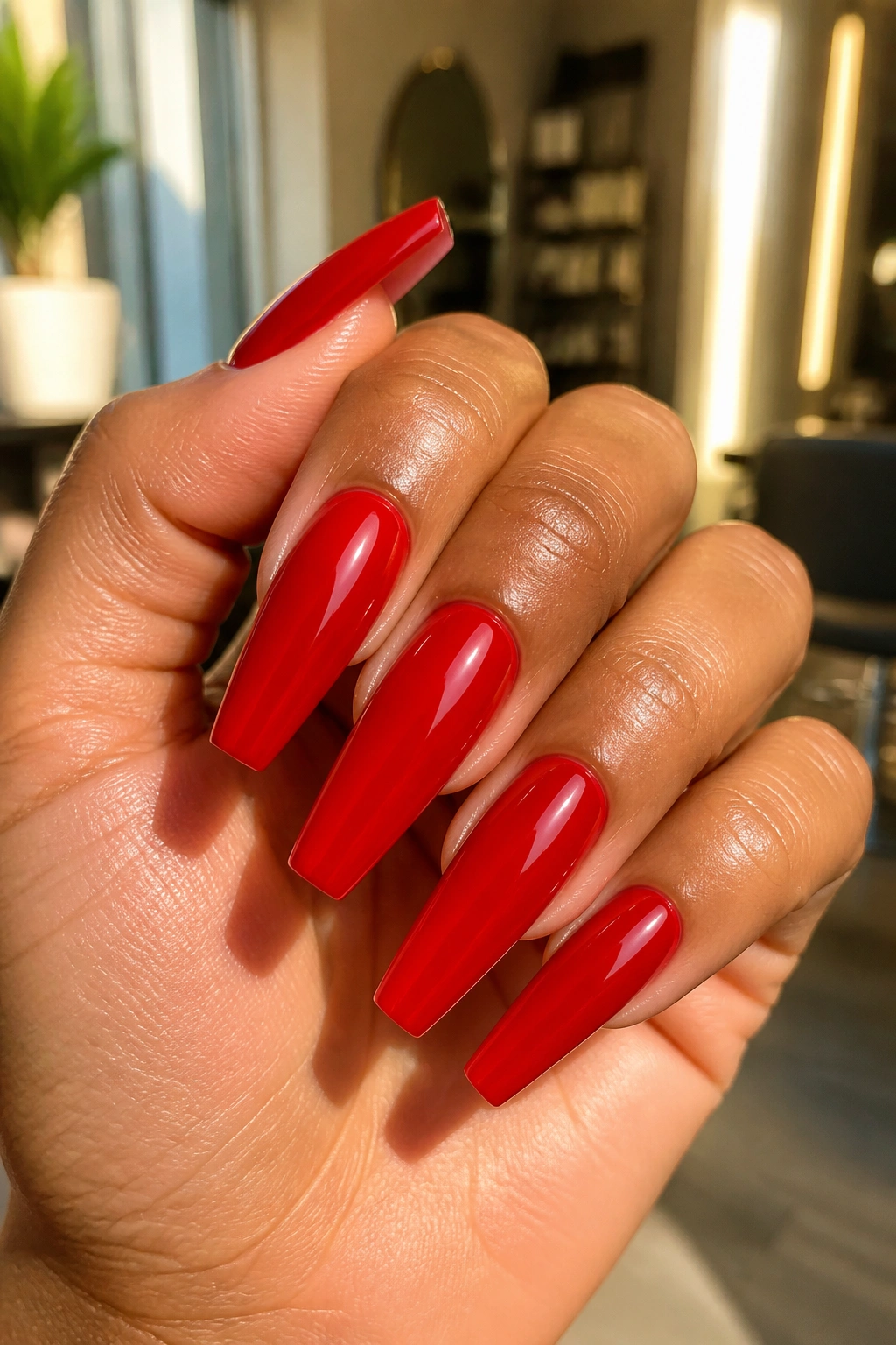 Close-up of red coffin nails on a real hand in warm salon lighting