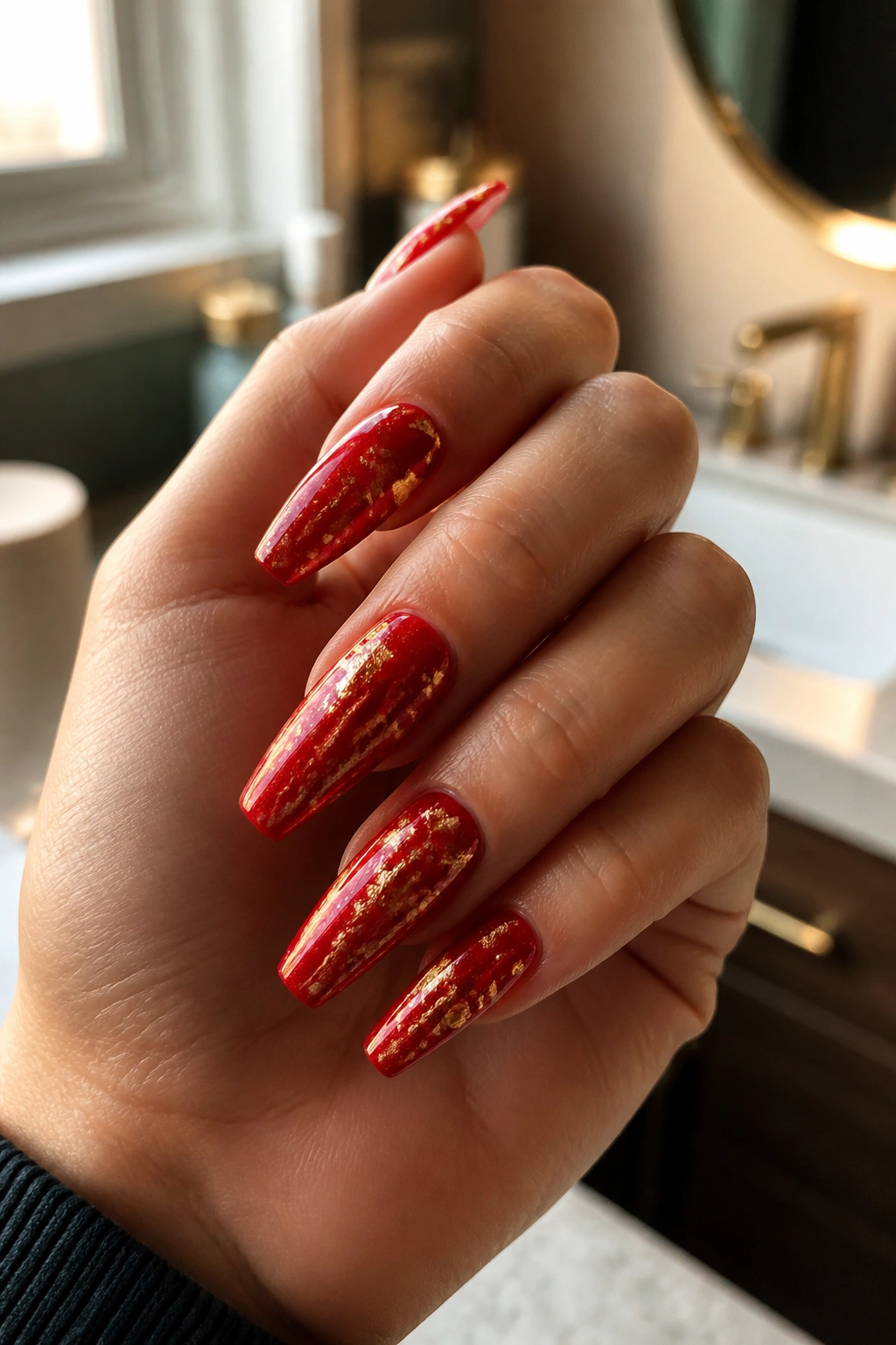 Close-up of a real hand with red coffin nails and gold foil accents in warm window light