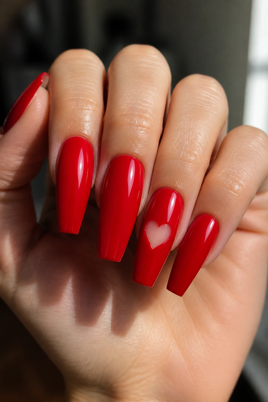 Close-up of red coffin nails with a single negative-space heart on a real hand in salon.