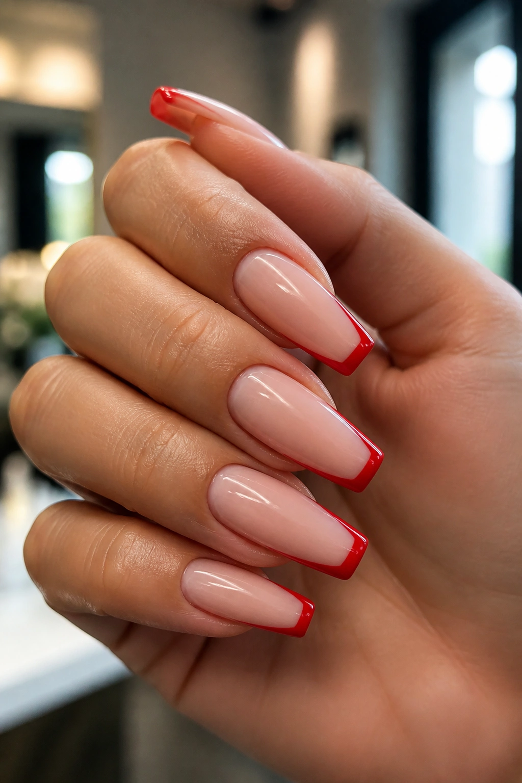 Close-up of red coffin nails with slim red French tips on a real hand at a salon