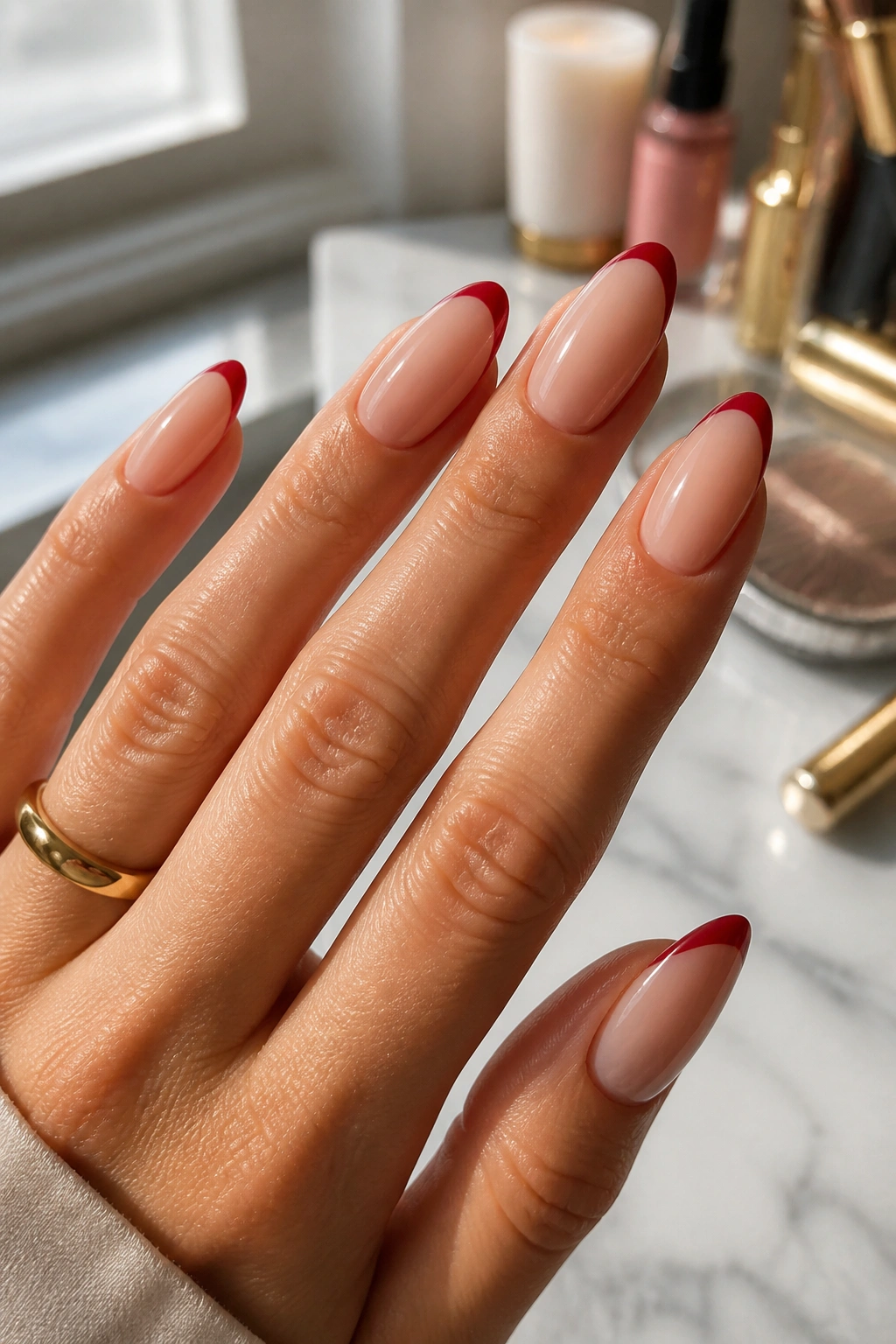Nude-based almond nails with slim red tips on a real hand