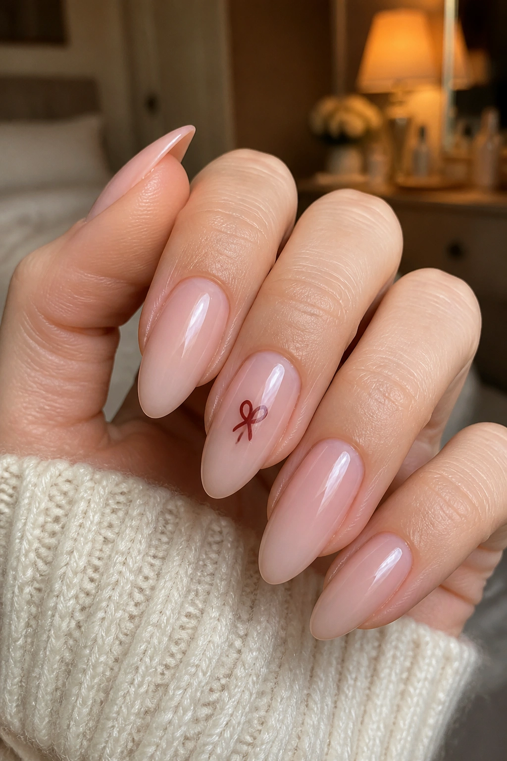 Almond nails with sheer pink base and a slim red glyph on one accent nail