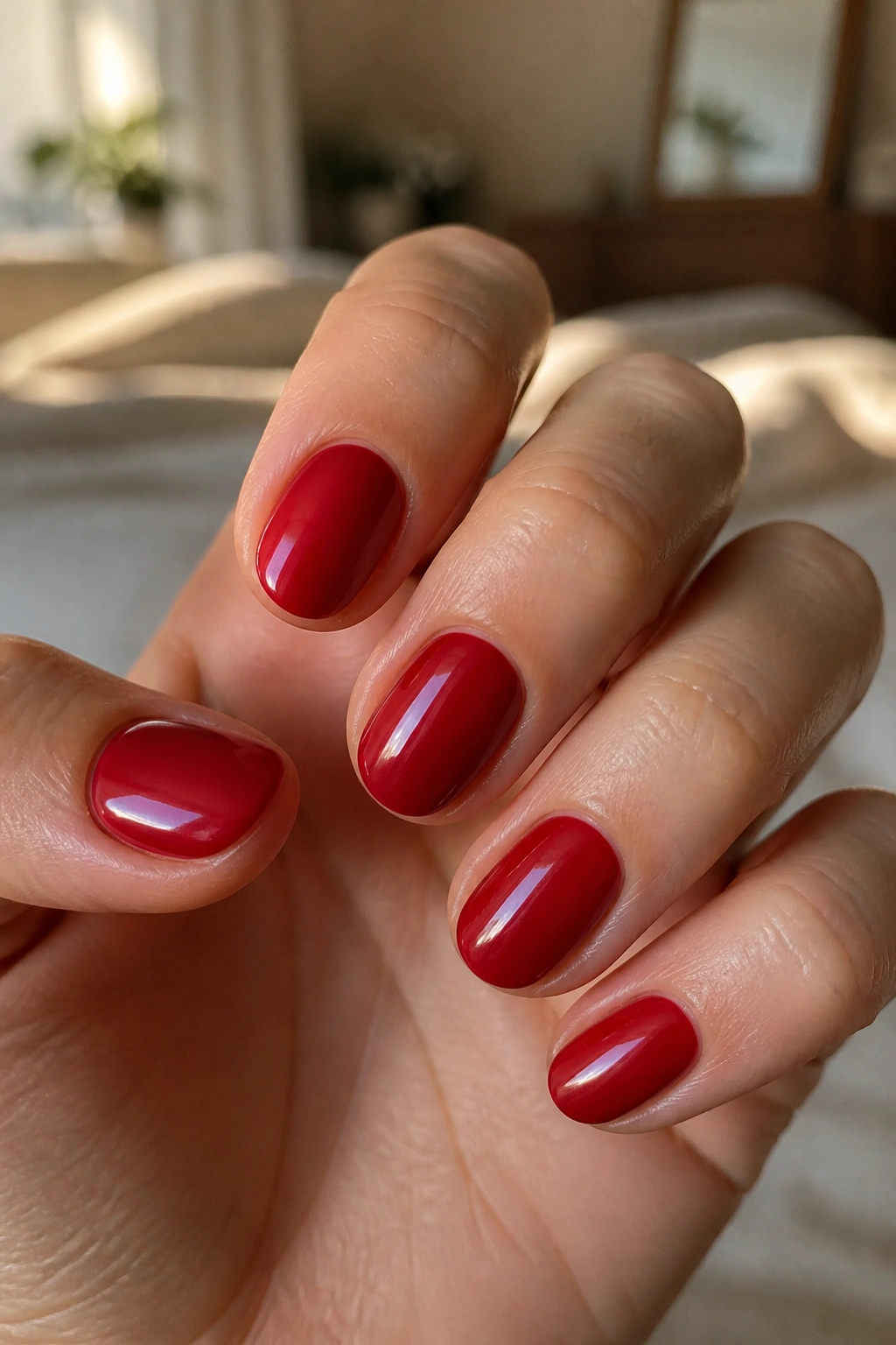 Close-up of a real hand showing short oval nails painted glossy red