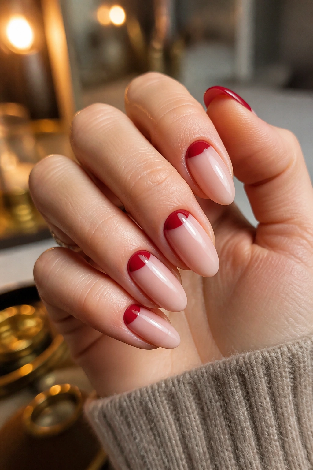 Close-up of red-and-nude half moon almond nails on a real hand.