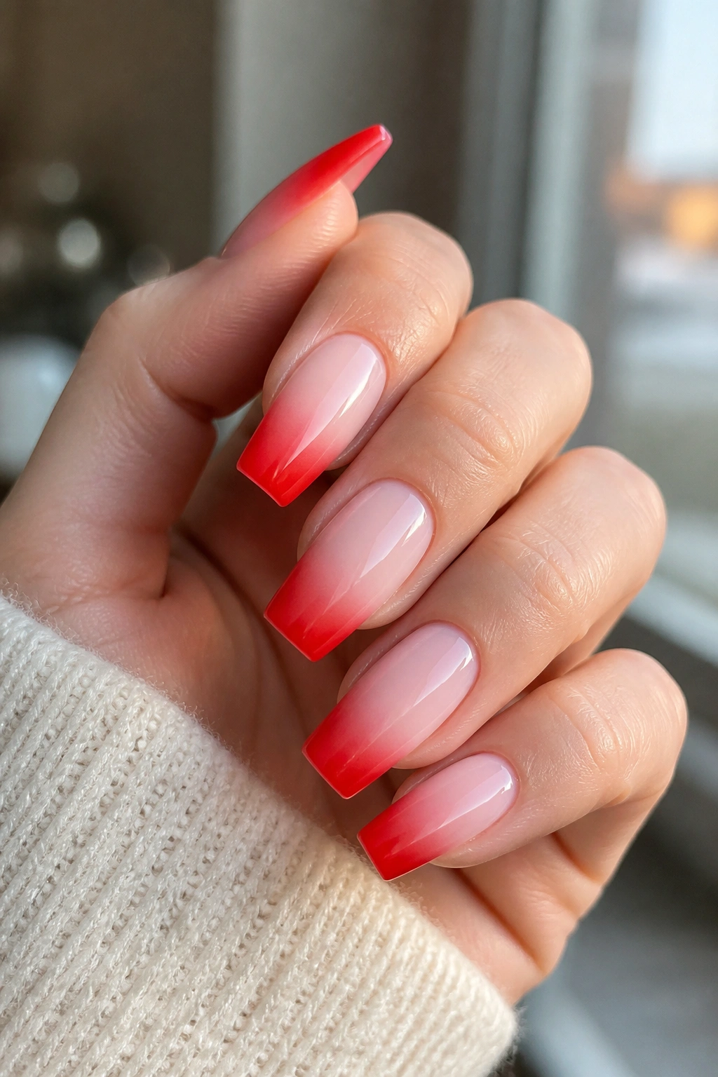 Close-up of red ombre French tips fading into milky nude on coffin nails