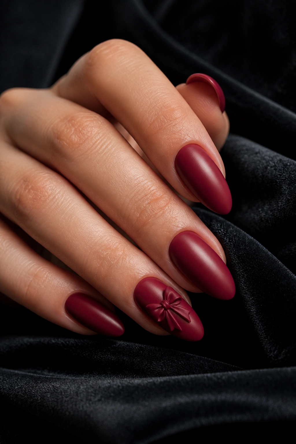 Close-up of deep red satin almond nails with a small bow accent