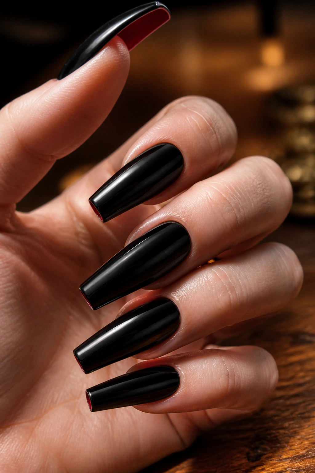 Close-up of coffin nails showing red underside on real hand