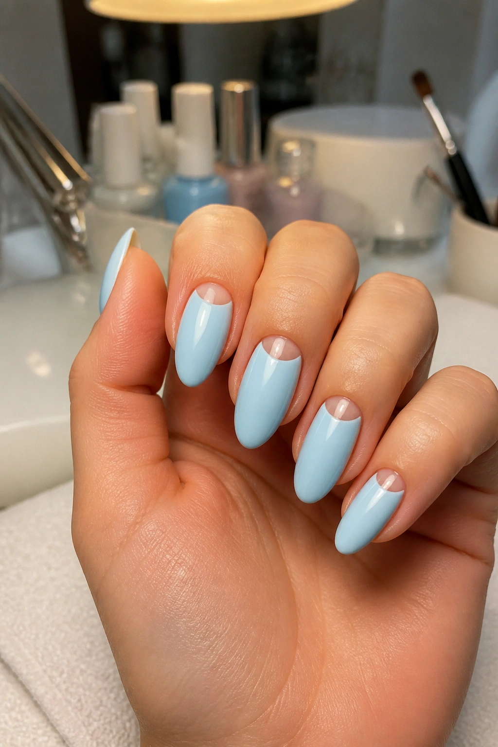 Almond nails with reverse French and bare moon near the cuticle