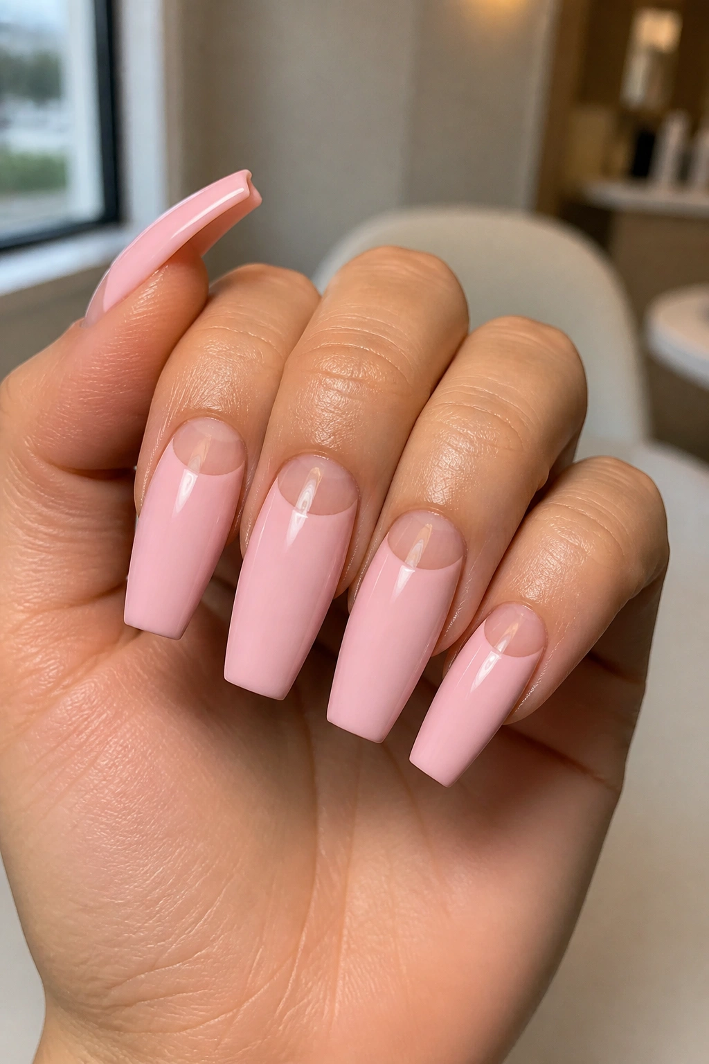 Close-up of reverse French coffin nails with nude base and light pink rest