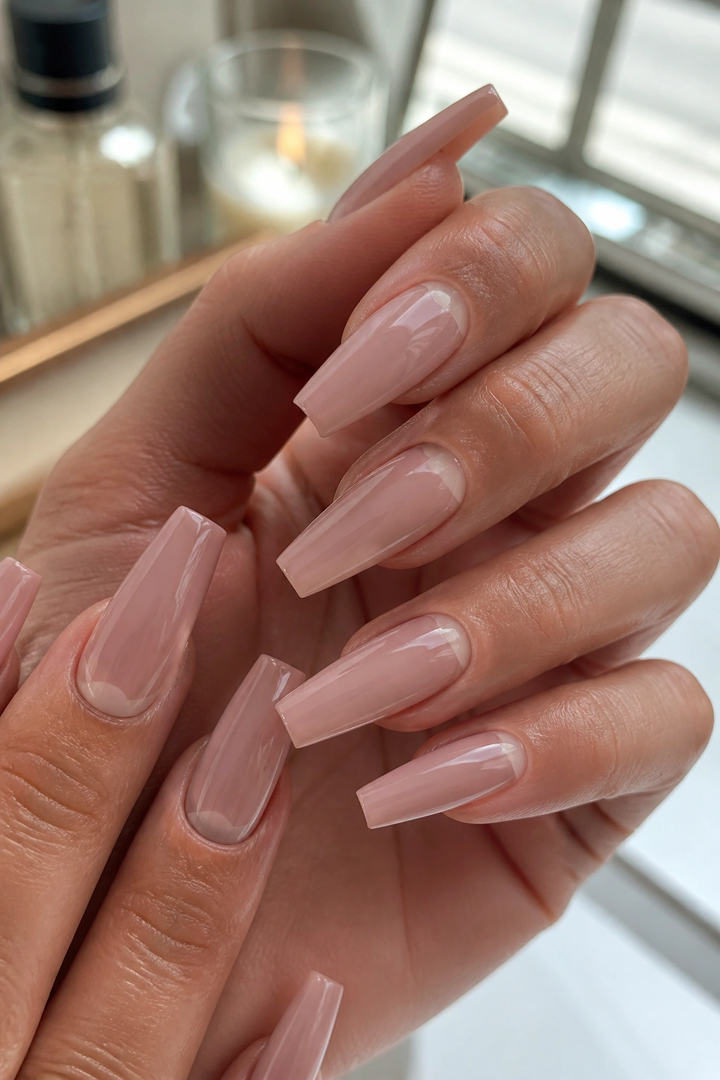 Close-up of tone-on-tone reverse French nude coffin nails on a real hand