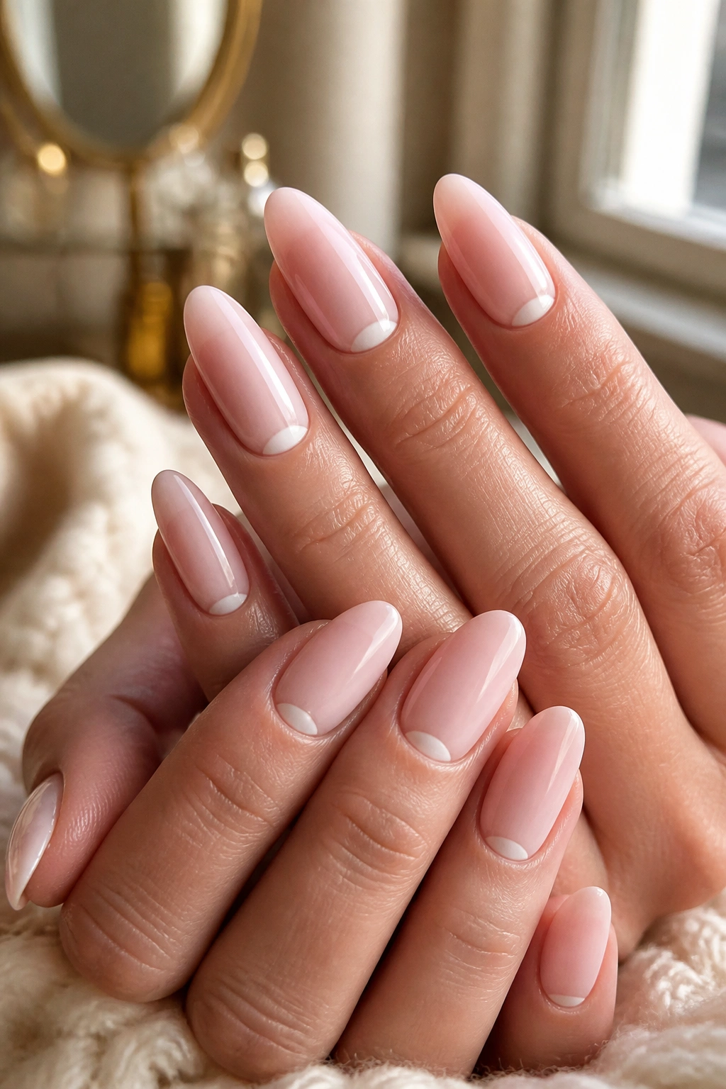 Almond nails with reverse French tips at the cuticle
