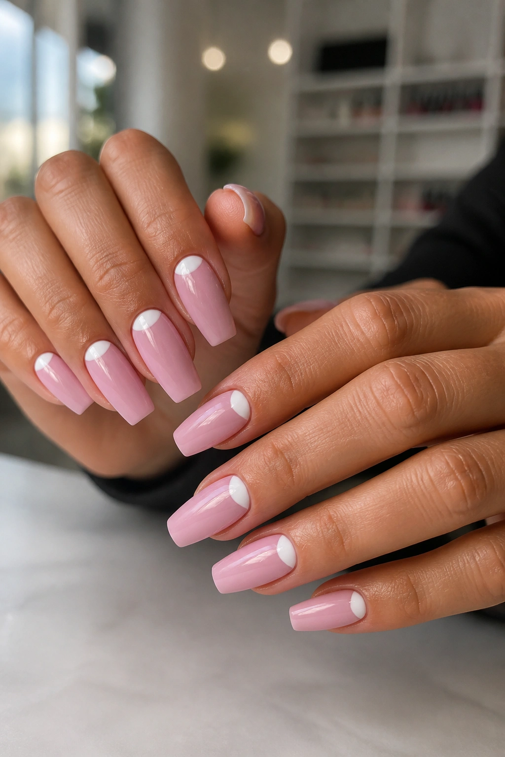 Medium close-up of hands showing reverse French half-moon nails on pink base