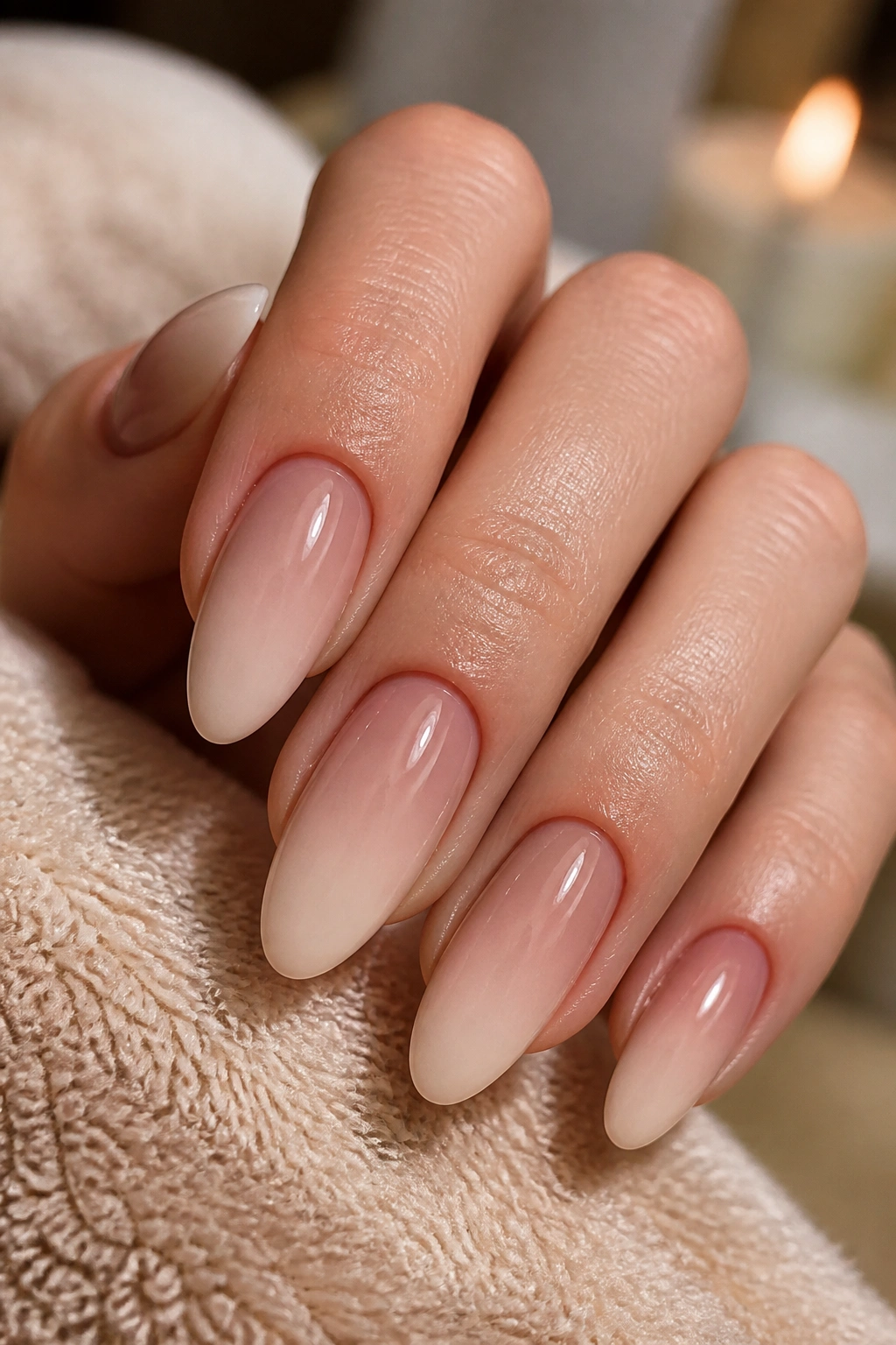 Almond nails with reverse nude ombre and deep cuticle fade.