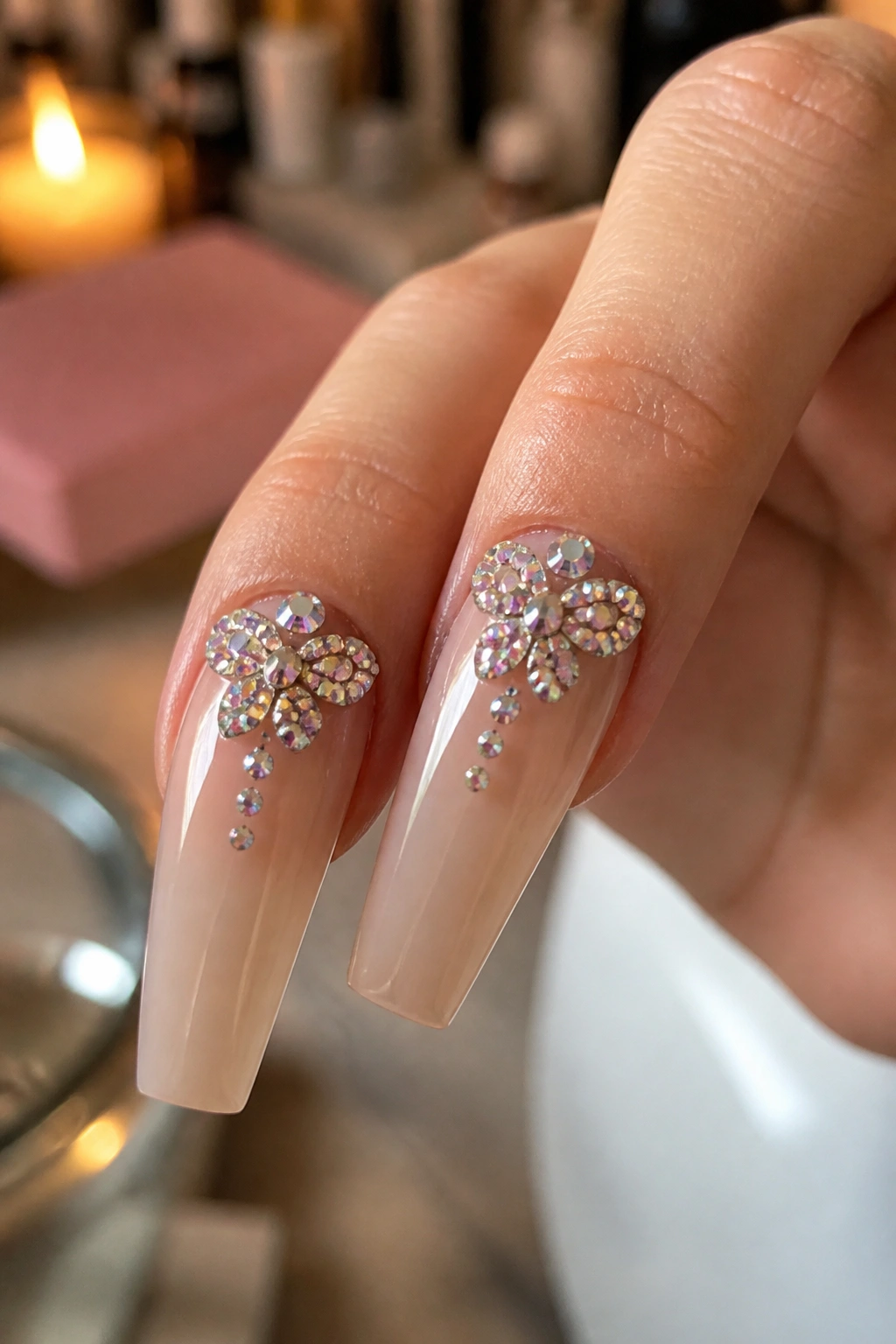 Close-up of rhinestone butterfly coffin nails at the cuticle on a real hand