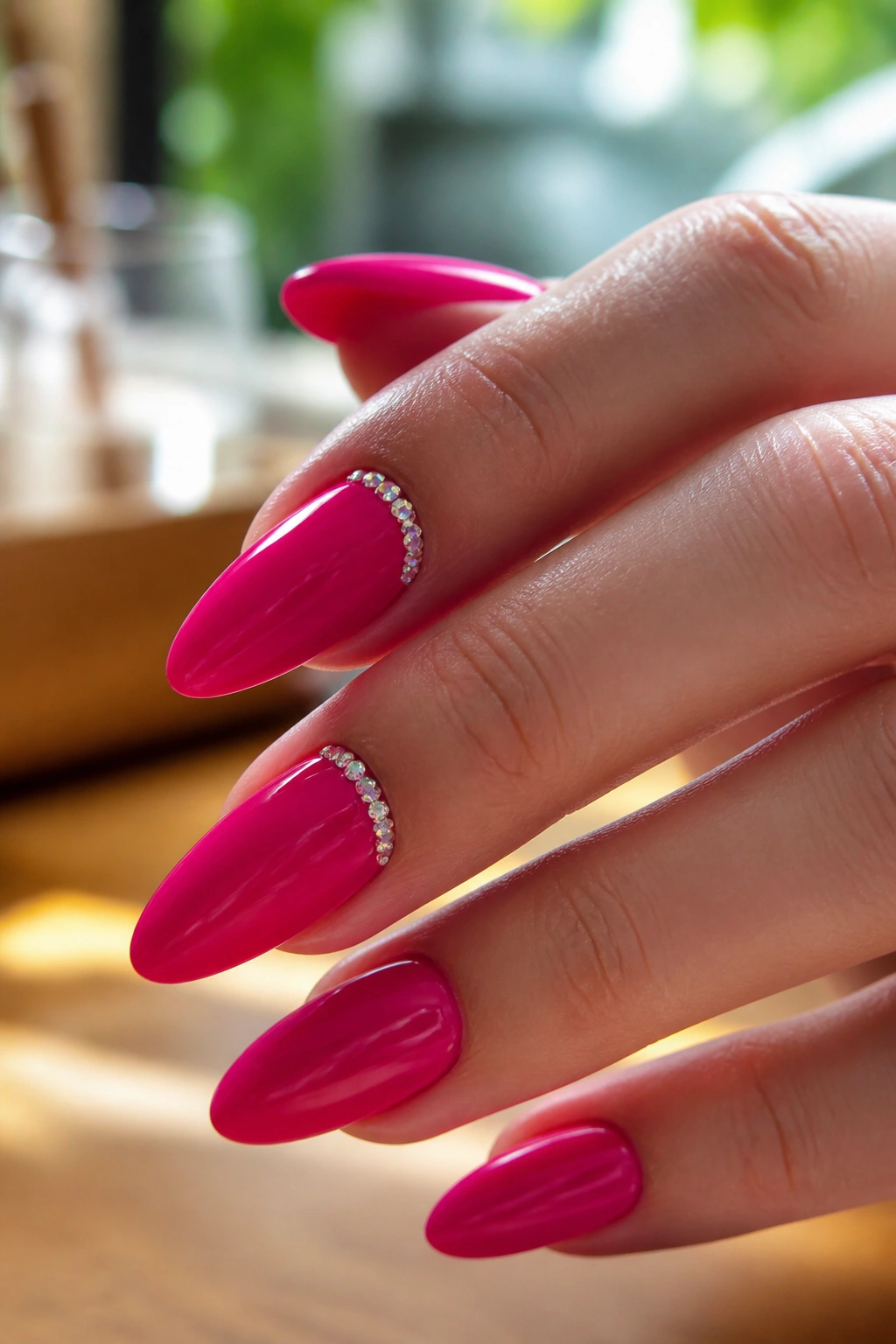 Close-up of almond pink nails with rhinestone cuticle line on a real hand
