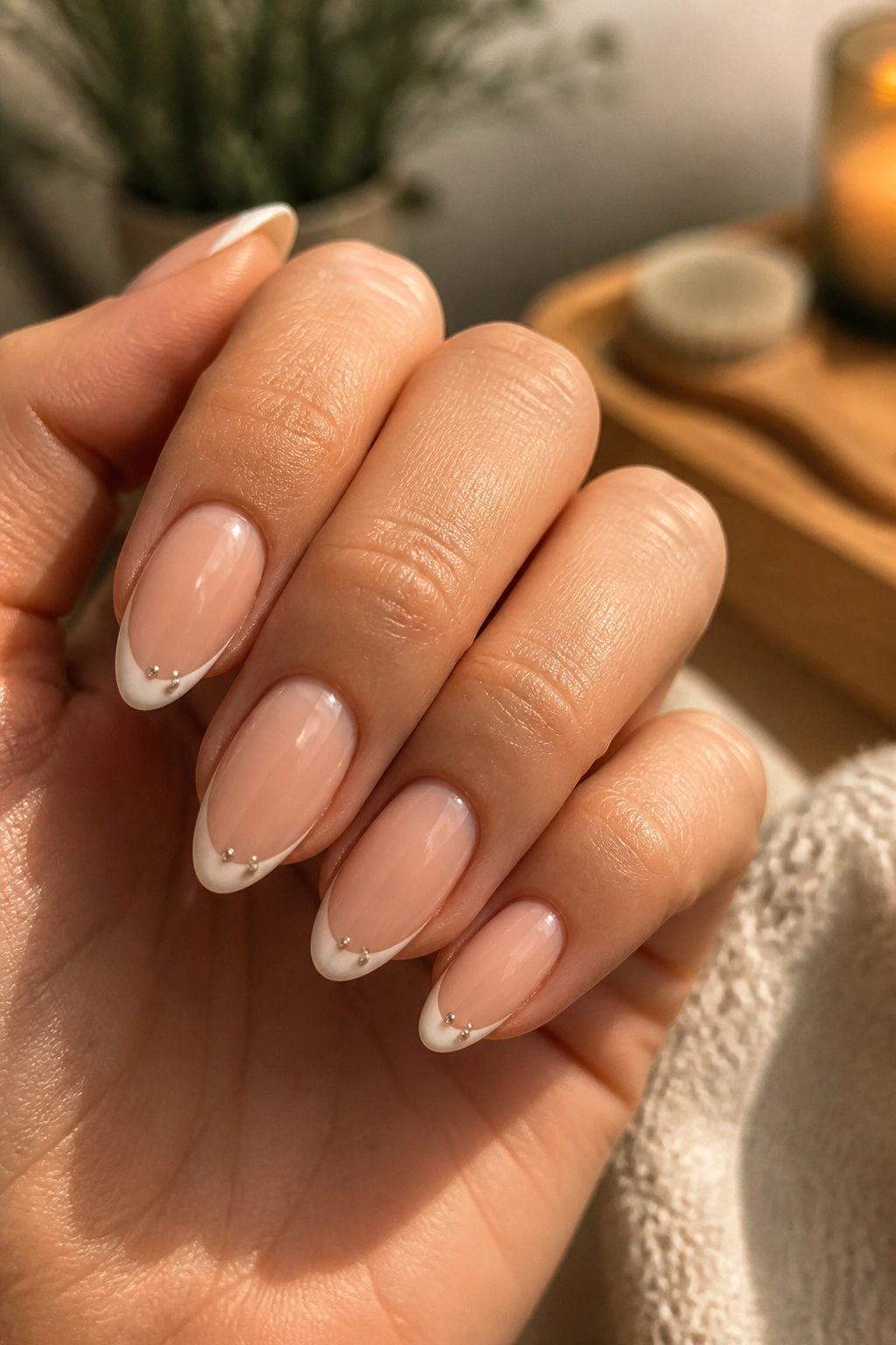 Almond nails with a single rhinestone on the edge of the french tip