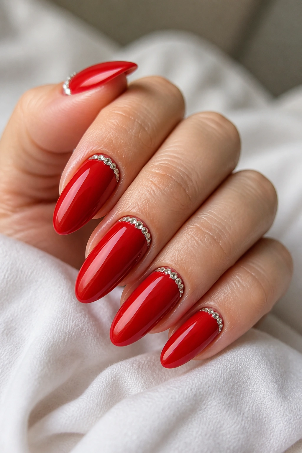 Red almond nails with a single rhinestone line near the cuticle