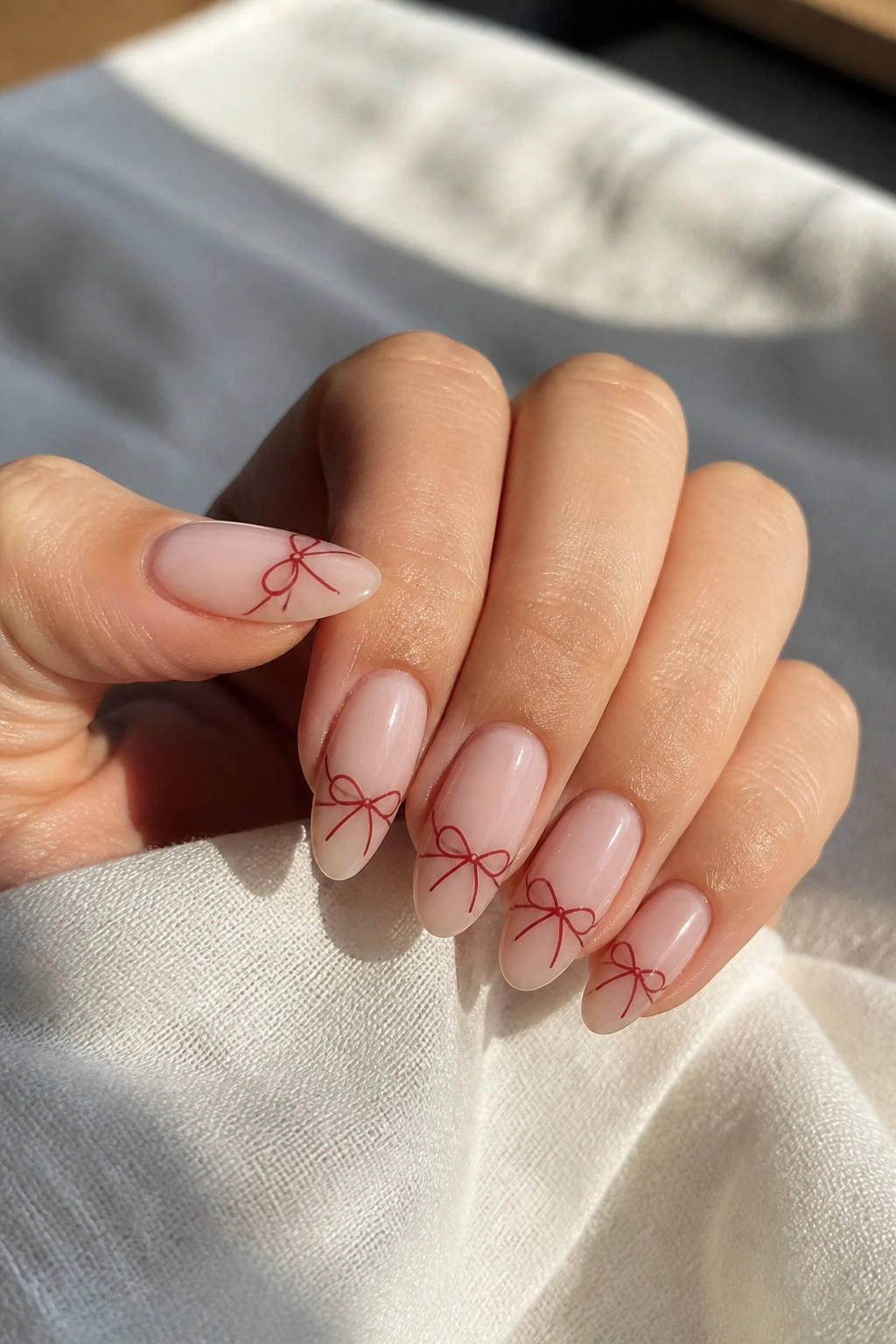 Close-up of almond nails with ribbon-line bow designs on nude base