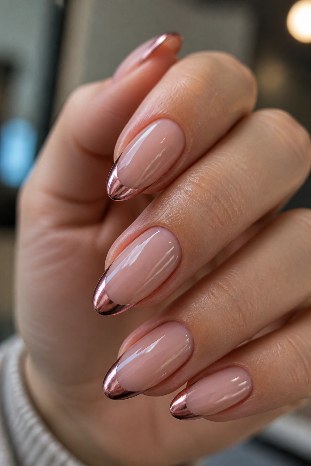 Close-up of almond nails with deep rose chrome tips on nude base hand